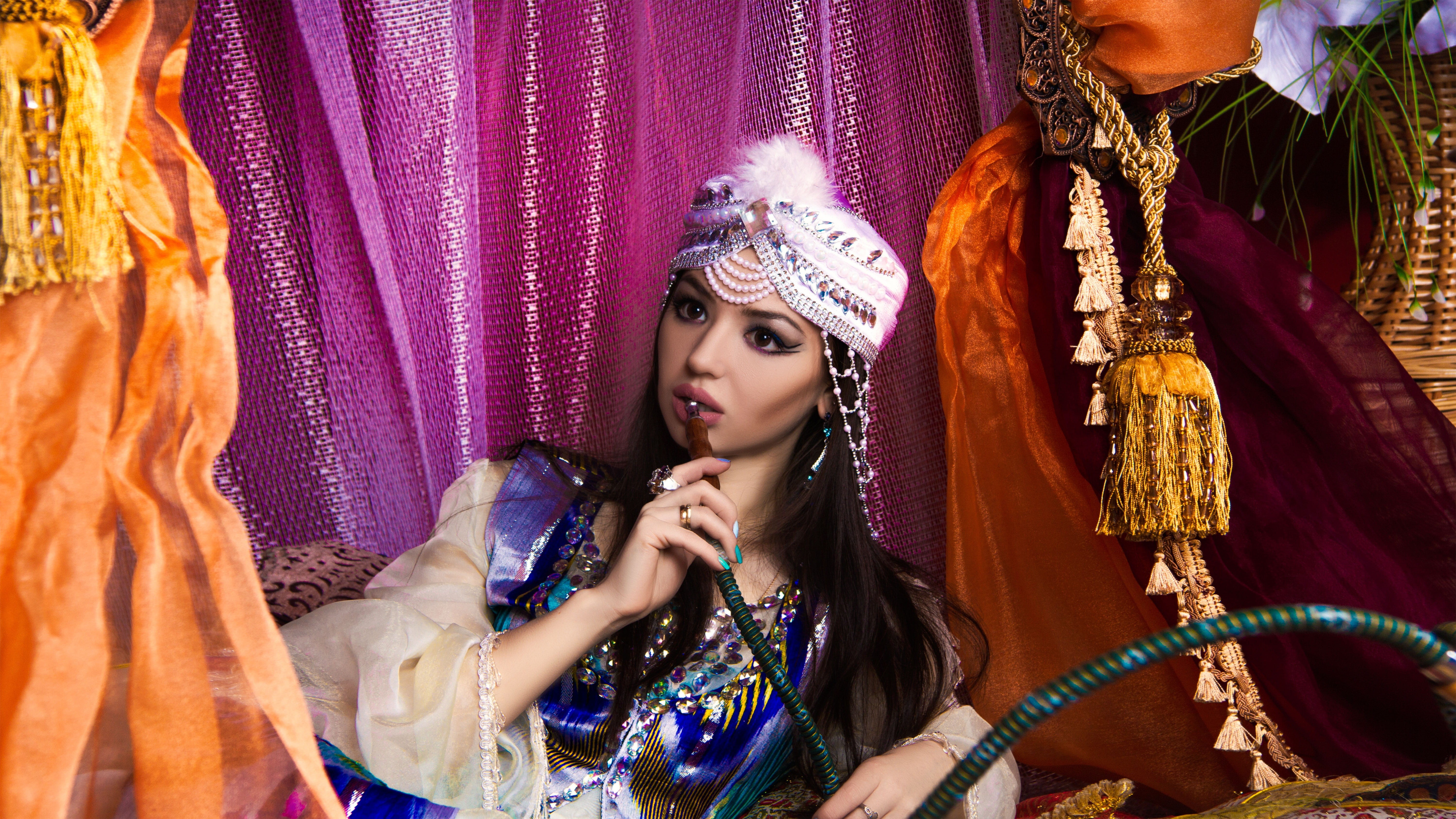 royalty, elegance, clothing, romantic, model, lady, magic, smile, east, looking, portrait, nymph, adult, females, hookah, dress, headdress, beautiful, girl, HD Wallpaper