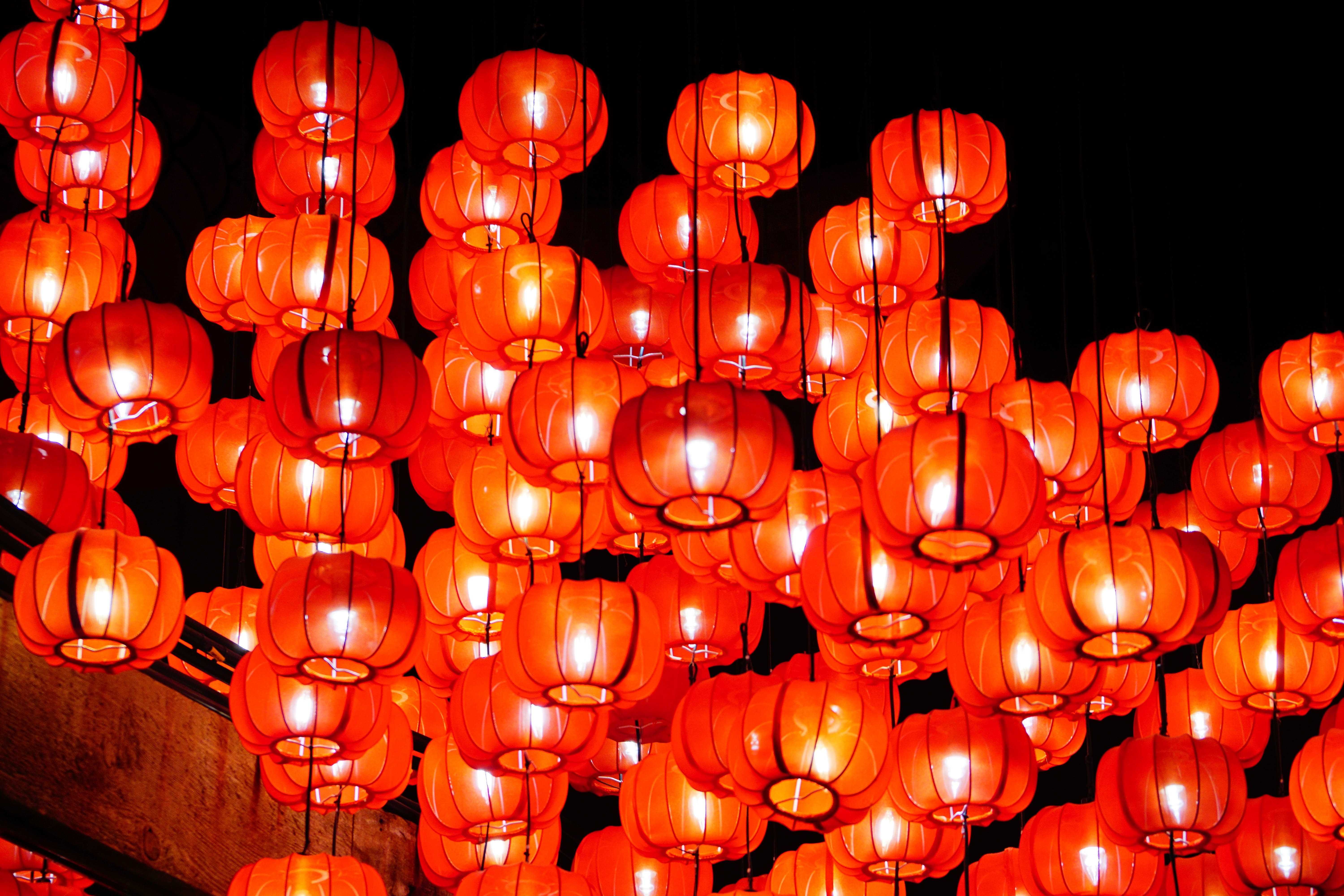 black background, illuminated, chinese, traditional festival, chinese new year, low angle view, celebration, lighting equipment, no people, lamps, large group of objects, HD Wallpaper