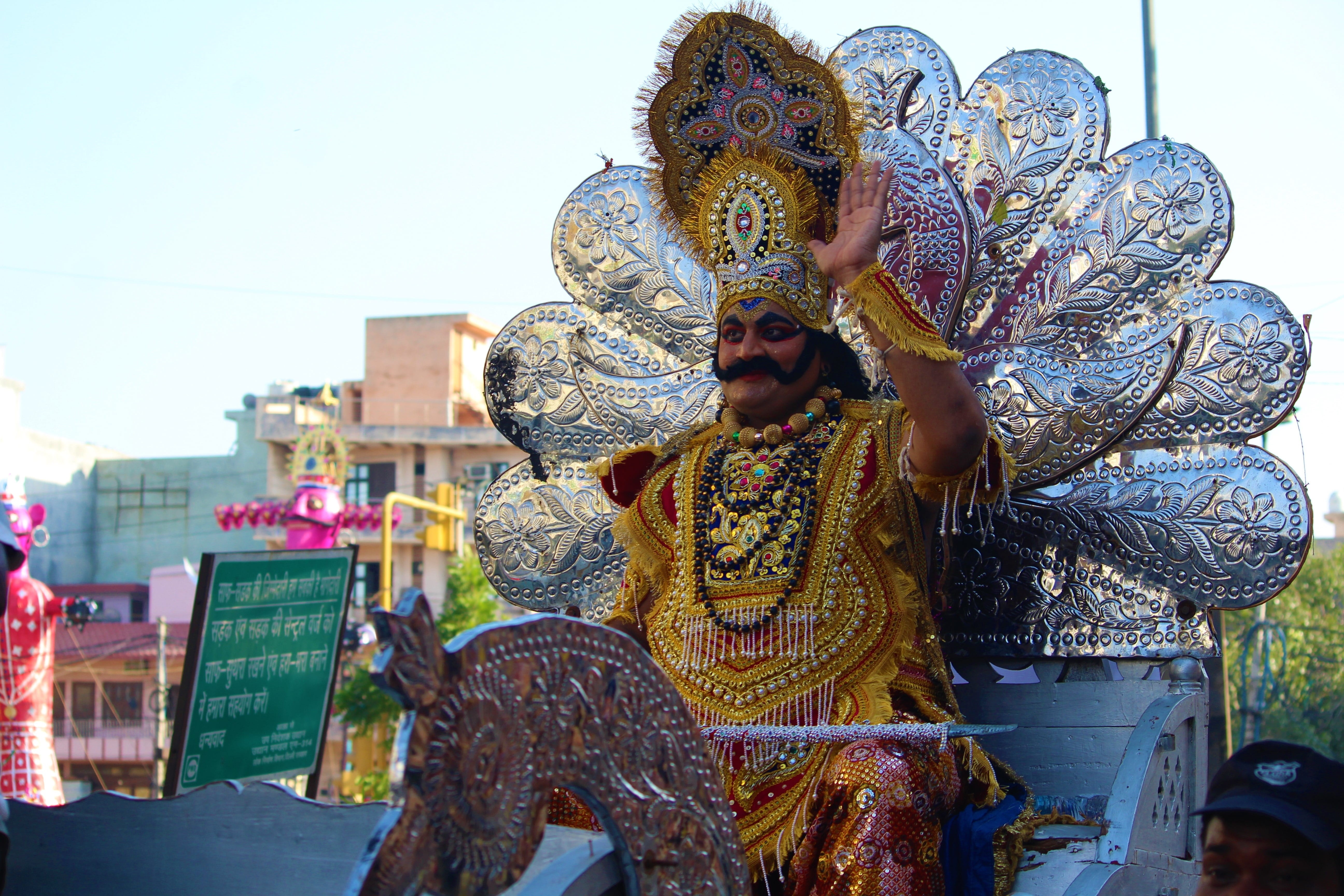 sculpture, lord, protection, god, holiday, moustache, avatar, king, kumbhkaran, hinduism, street, medieval, city, sky, ancient, cosplay, deity, traditional, HD Wallpaper