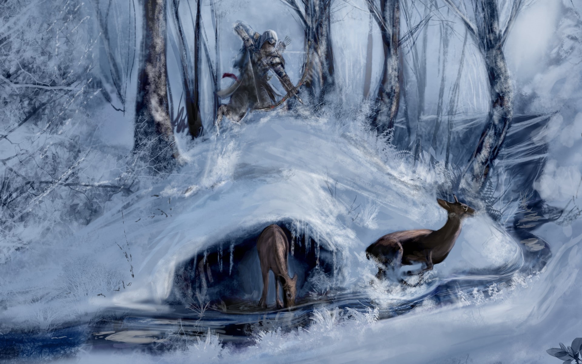 1080P, art, video, rivers, paintings, sports, warriors, nature, assasin 039 s, bow, creed, stream, winter, games, connor, landscapes, snow, weapons, hunting, HD Wallpaper