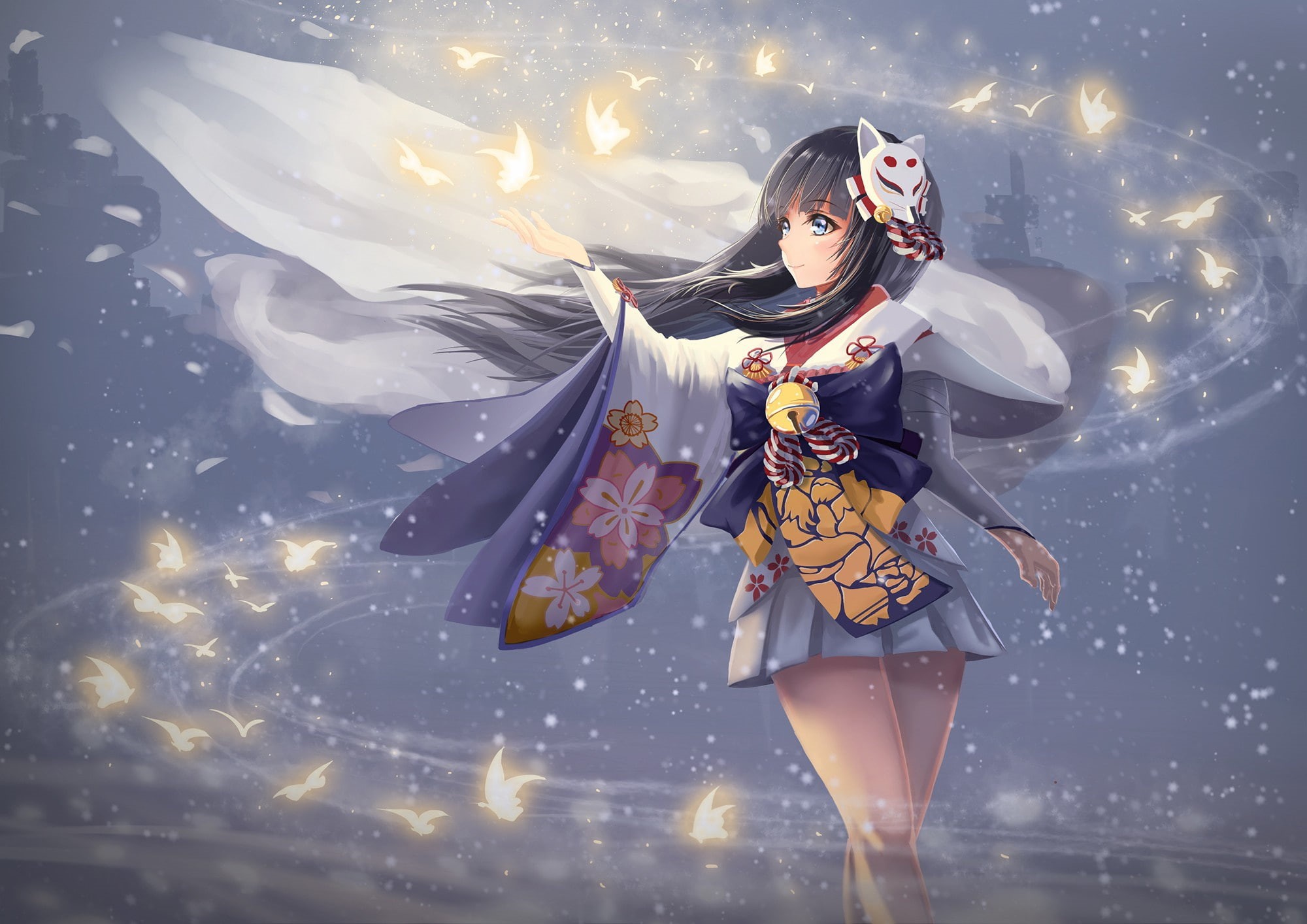 bishojo, japanese, 1080P, mahou, Onmyouji, pretty, kitsune, oriental, girl, fox, miko, kimono, asiatic, asian, HD Wallpaper