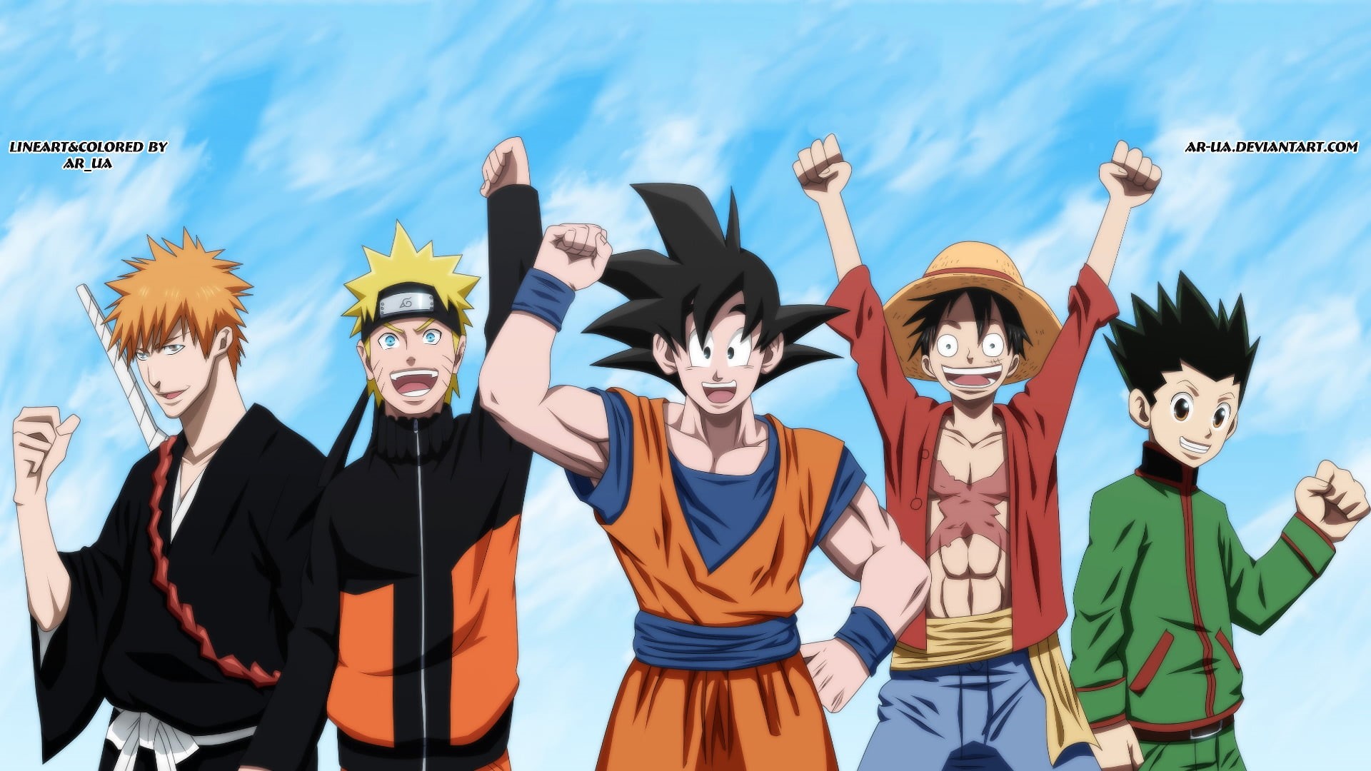 Monkey D. Luffy, celebration, Crossover, boys, disguise, One Piece, Hunter x Hunter, Naruto Uzumaki, Anime, medium group of people, teenager, Bleach, sky, HD Wallpaper