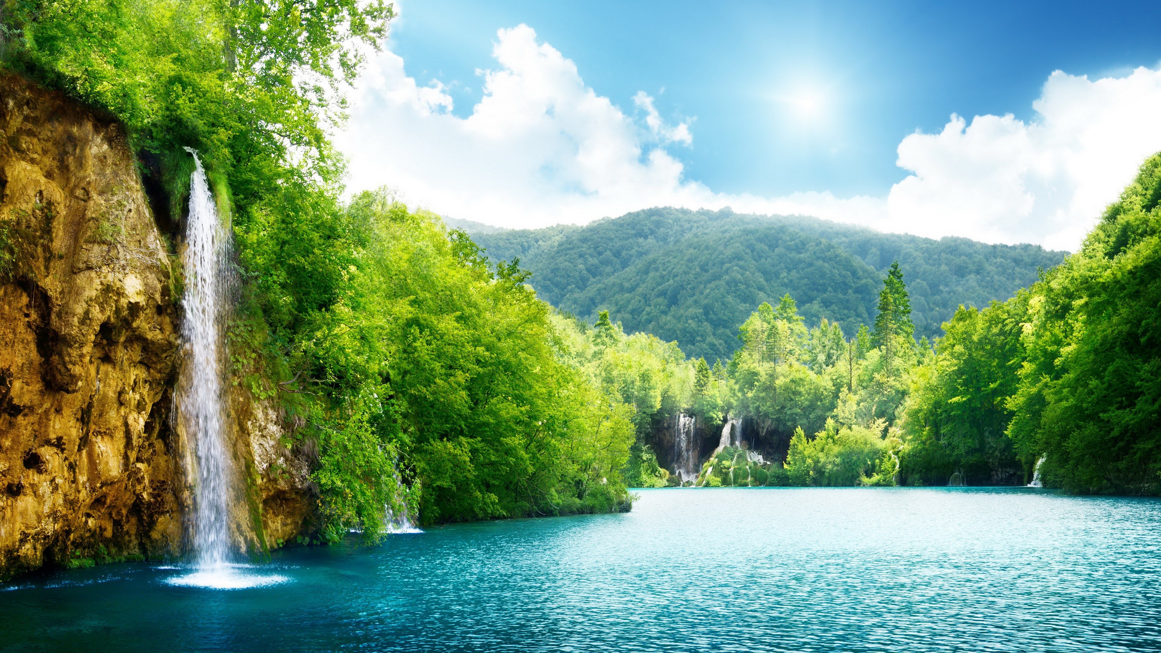latest new  nature scene 3840x2160, sky, flowing water, mountain, cloud - sky, beauty in nature, green color, day, idyllic, tranquility, tranquil scene, HD Wallpaper