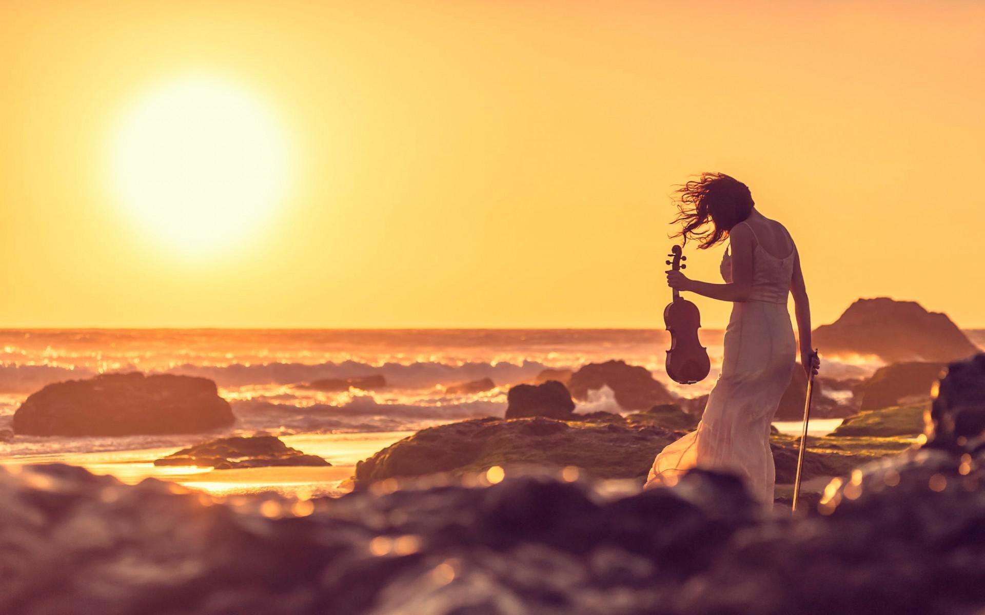 summer, music, beach, violinist, 1080P, sunset, HD Wallpaper