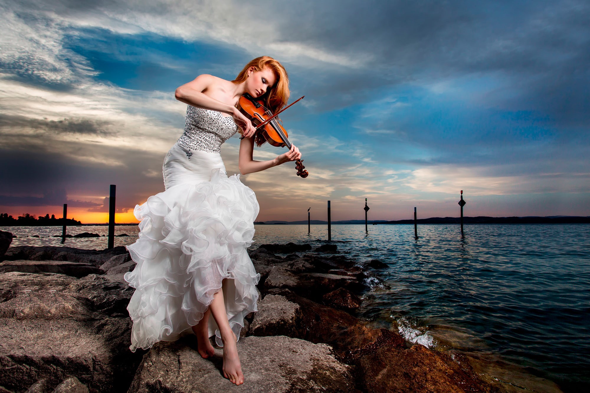 violinist, stones, shore, woman, violin, playing, 1080P, HD Wallpaper