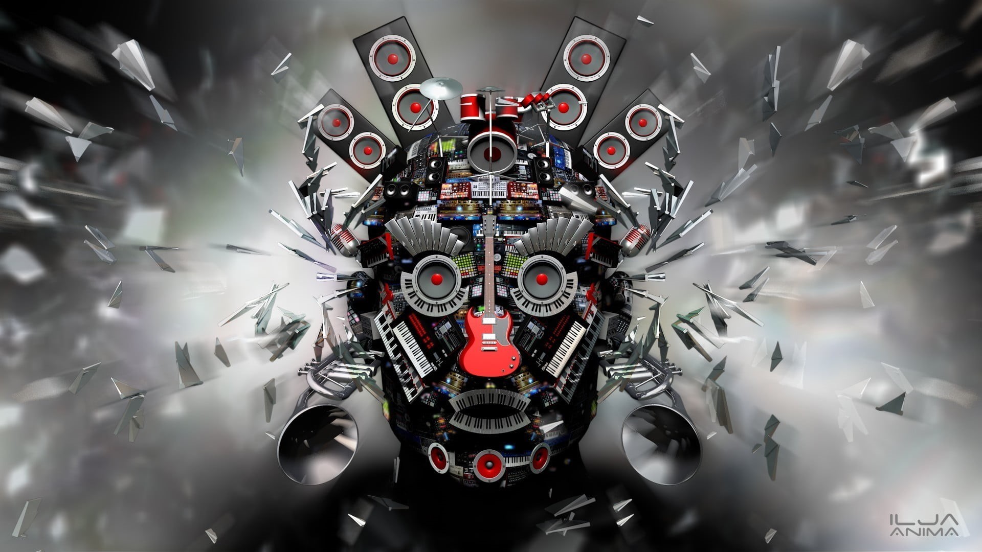 equipment, complexity, cyborg, machine part, indoors, no people, digital art, eyes, 3D, head, guitar, trumpets, drums, explosion, keyboards, speakers, microphone, HD Wallpaper