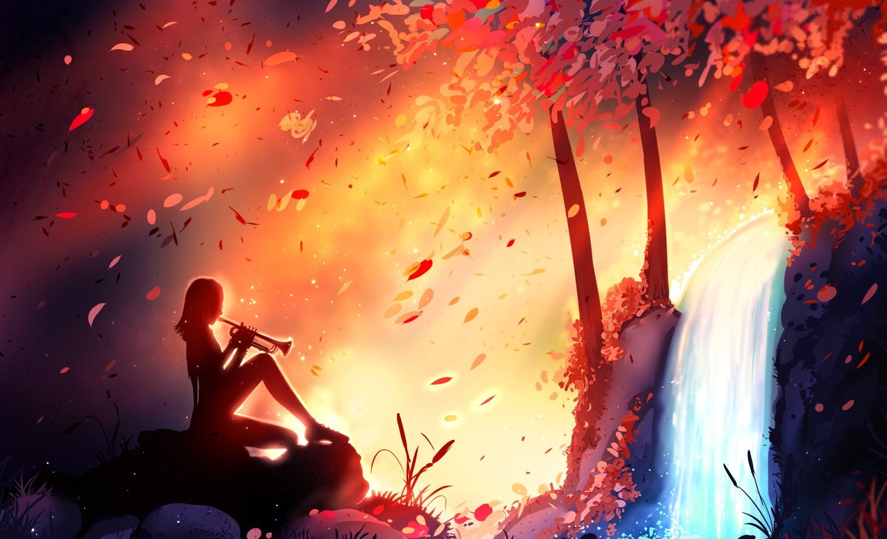 trees, illuminated, front, water, crowd, anime, waterfalls, night, festival, 720P, people, playing, enjoyment, woman, sunset, musical instrument, sparks, HD Wallpaper