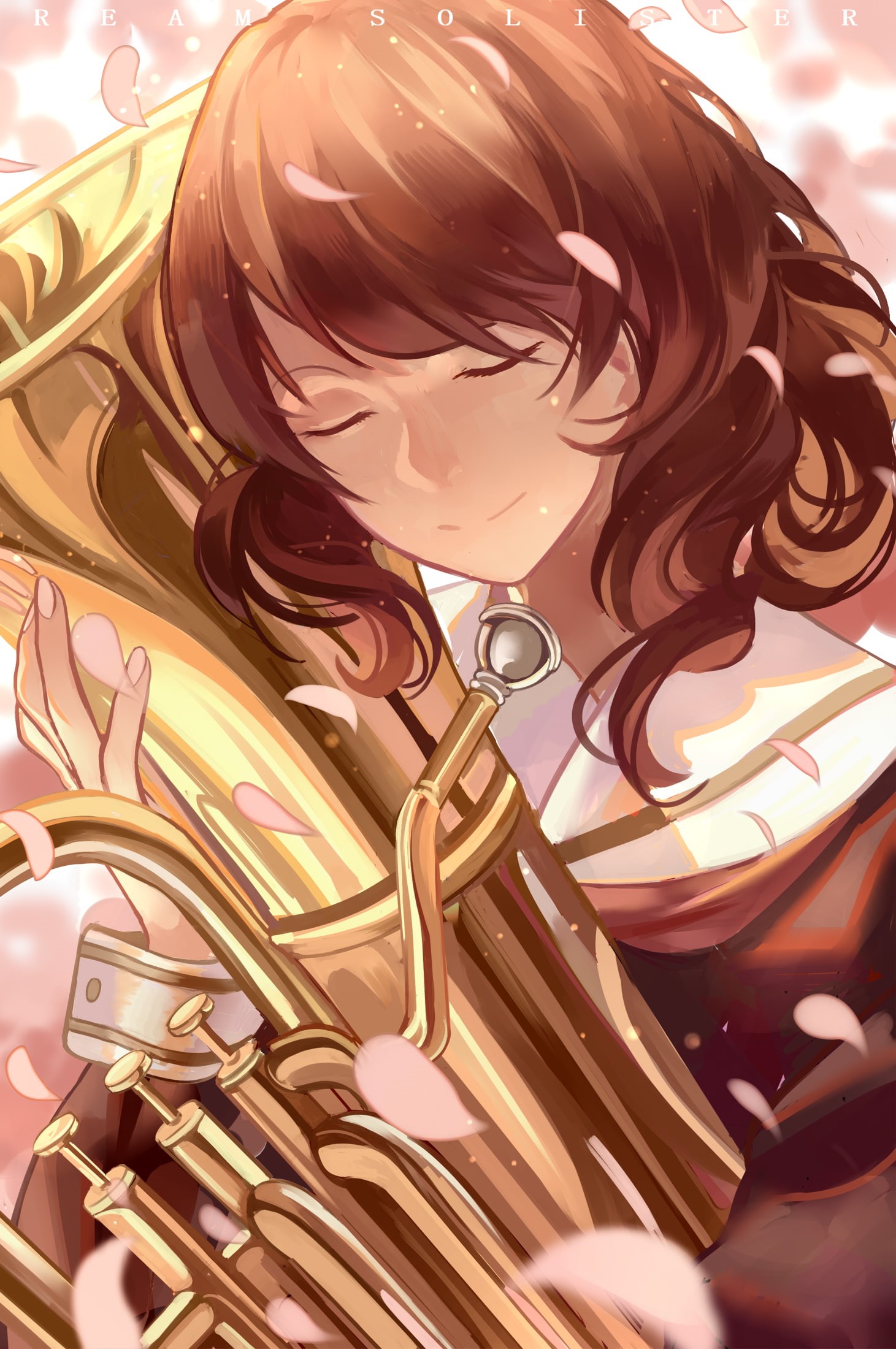 close-up, brass, gold colored, no people, Oumae Kumiko, shiny, day, pattern, backgrounds, reflection, brass instrument, closed eyes, arts culture and entertainment, Phone HD Wallpaper