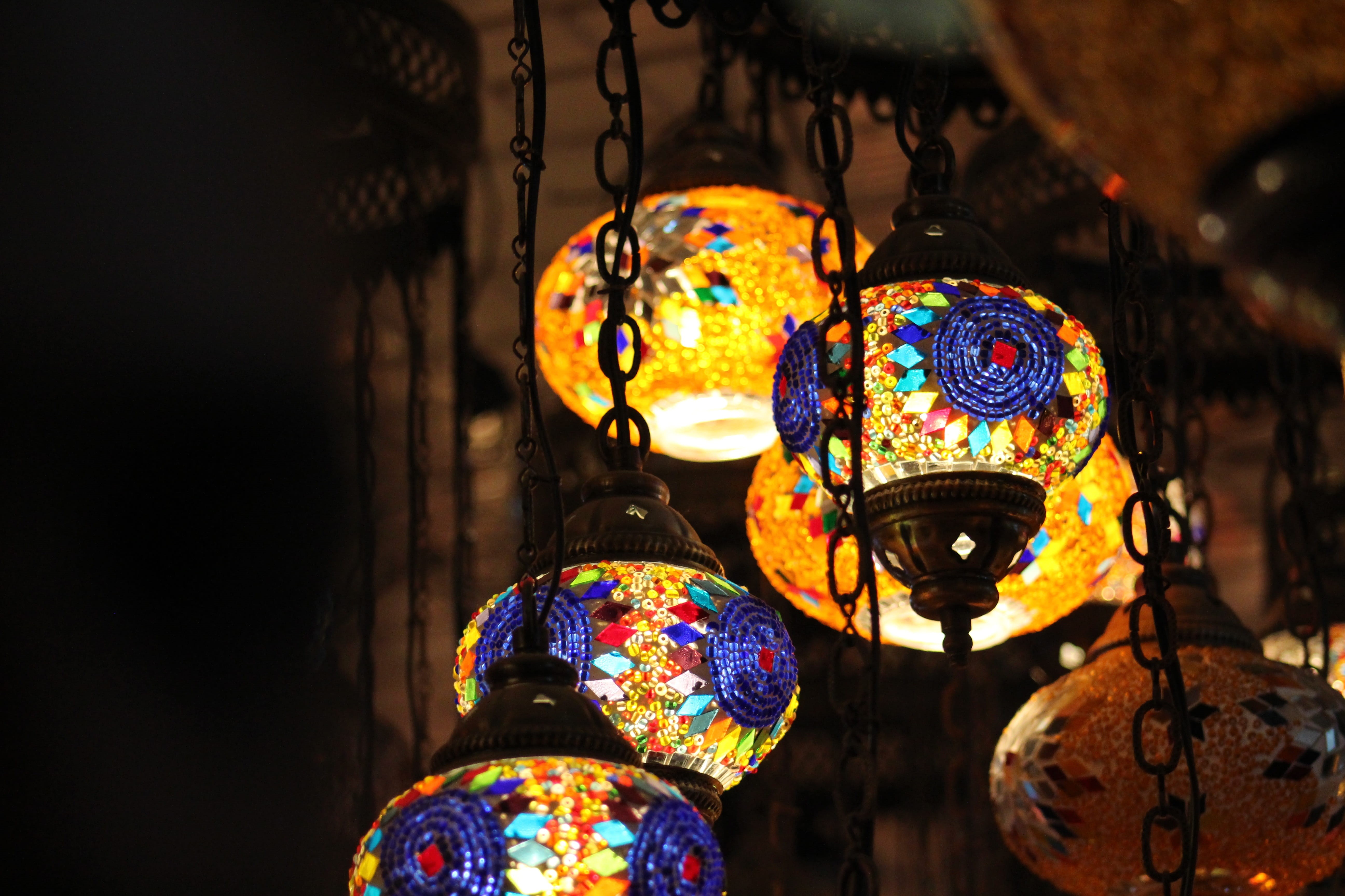 focus on foreground, pattern, decoration, floral pattern, ramadan, creativity, multi colored, light, close-up, lantern, art and craft, celebration, festive, HD Wallpaper