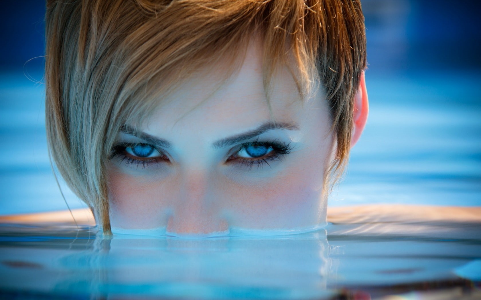 pool, face, 720P, girl, blue, eyes, woman, beautyful, redhead, HD Wallpaper