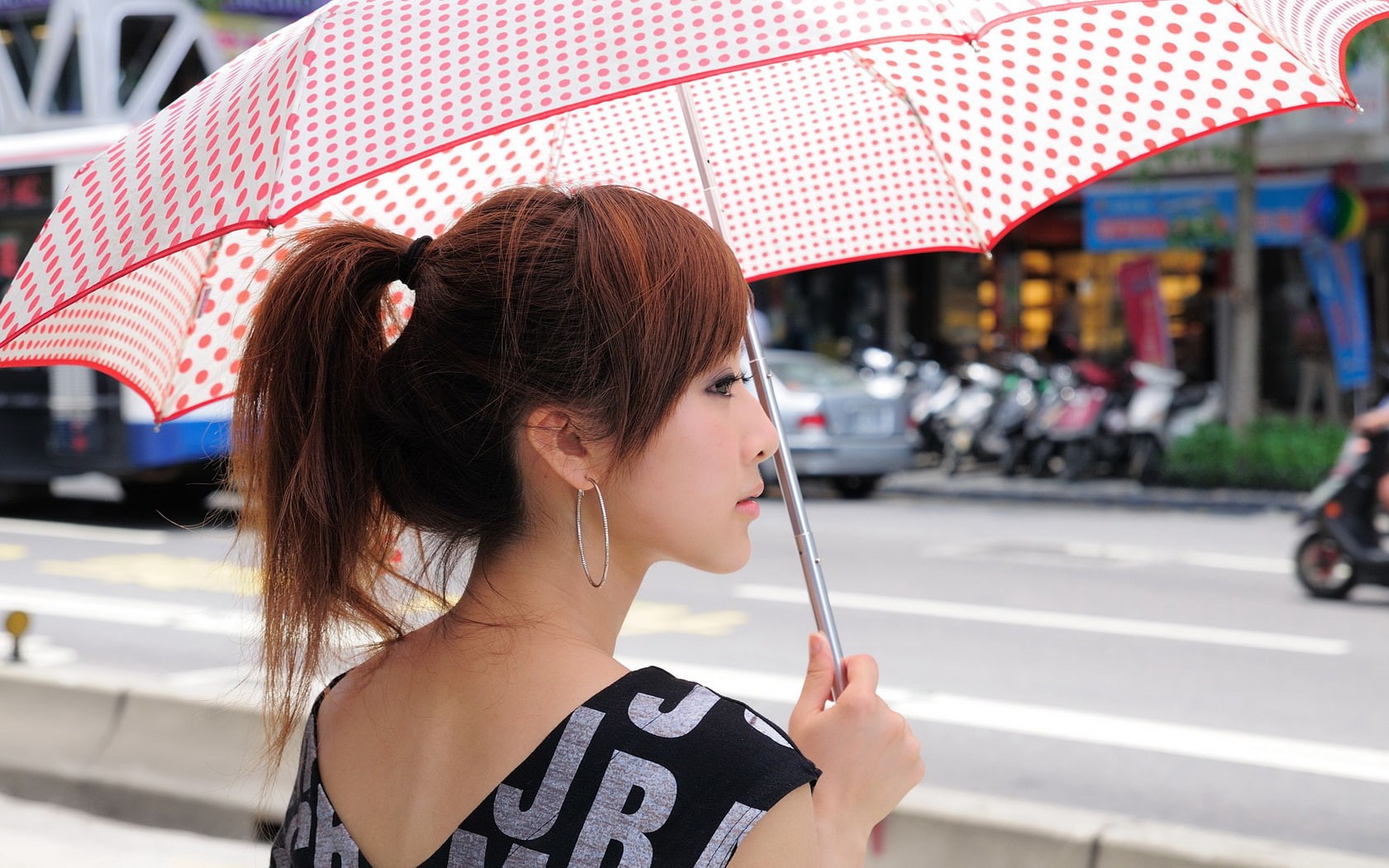 beautyful, asian, girl, ponytail, woman, 720P, umbrella, HD Wallpaper