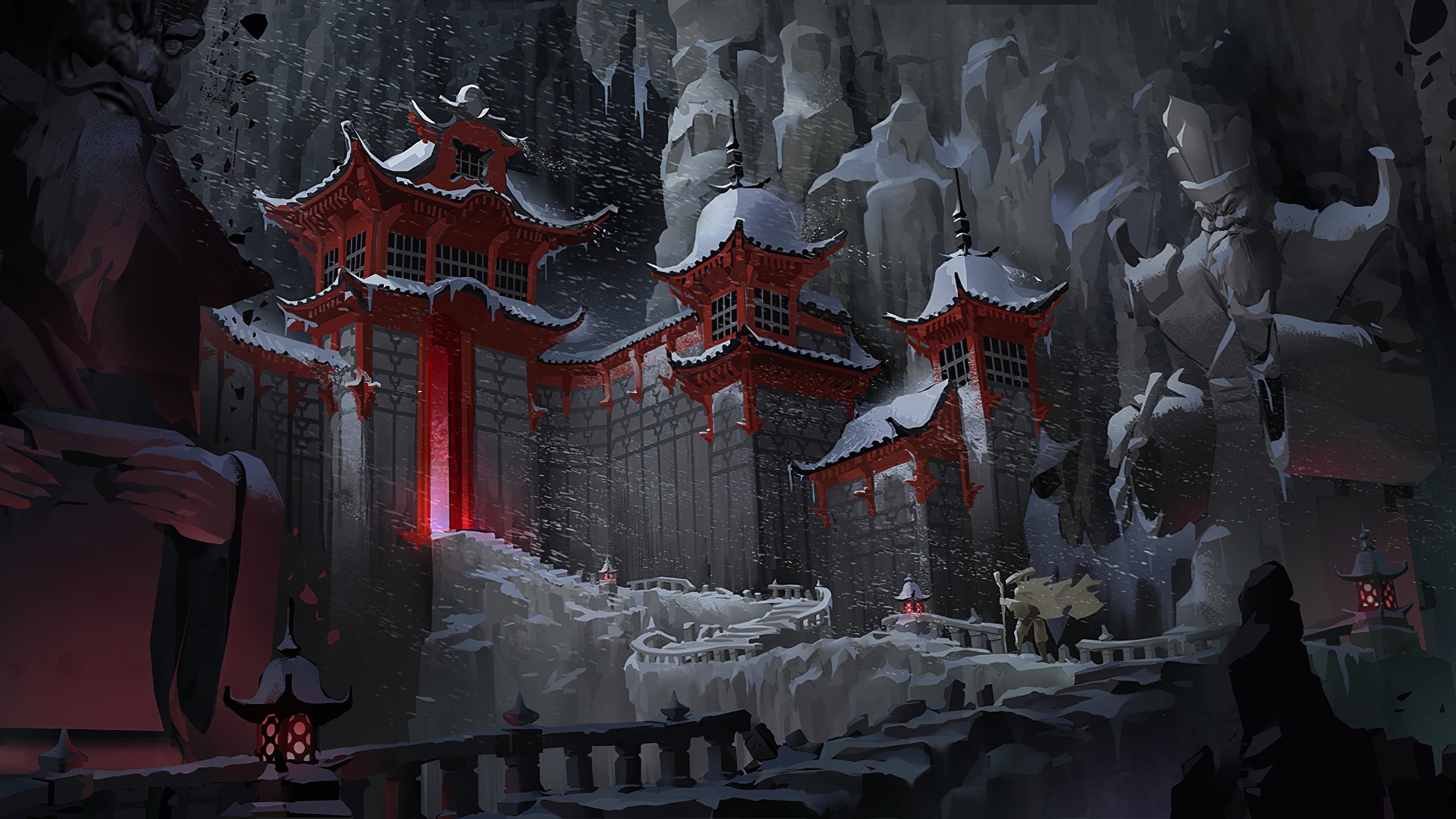 2K, building, environment, winter, statue, landscape, ice, town, lantern, digital, concept art, structure, cave, fantasy art, architecture, Feudal Japan, HD Wallpaper