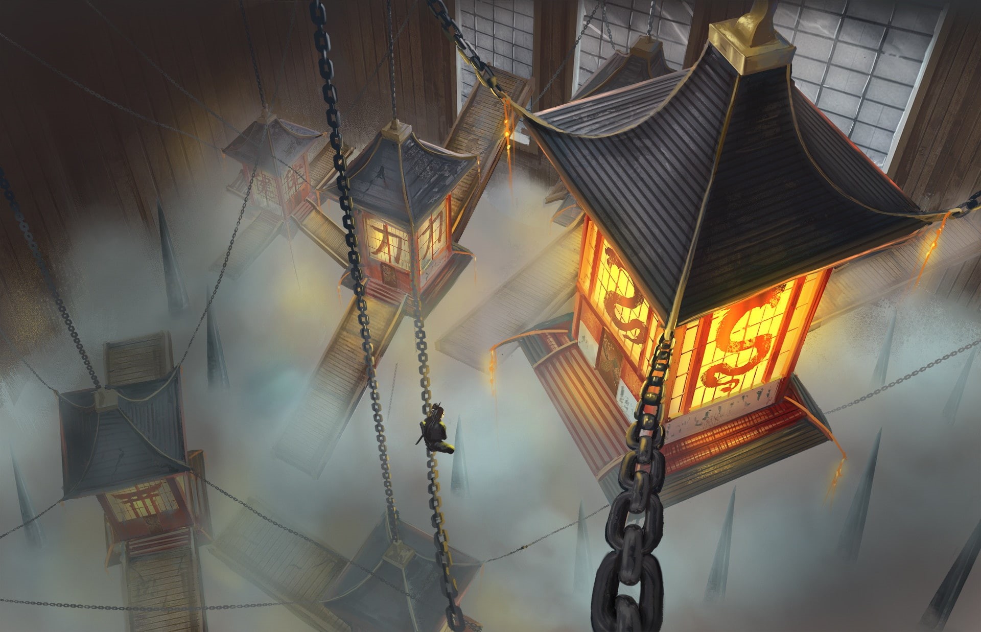 1080P, North Wisniewska, Lights, by Karolina Wisniewska, Japan, Feudal Japan, Architecture, Chain, Lamp, Smoke, Art, Figure, Fiction, Concept Art, HD Wallpaper