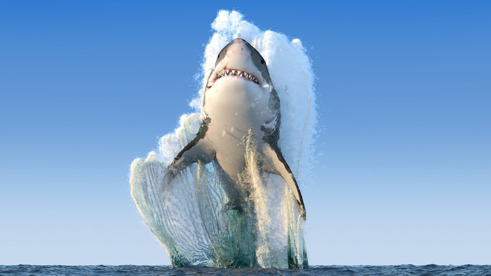 fangs, animals, horizon, sea, jumping, 1080P, digital art, render, clear sky, shark, HD Wallpaper