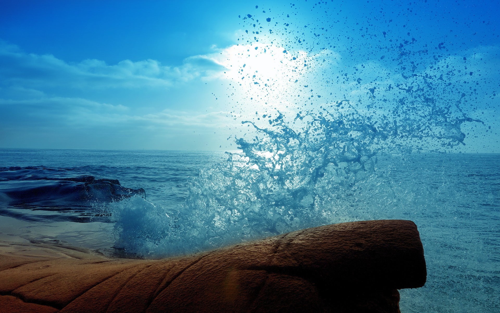beauty in nature, Sun, splashes, cloud - sky, 1080P, solid, scenics - nature, outdoors, wave, blue, day, cyan, nature, rock, motion, horizon over water, HD Wallpaper