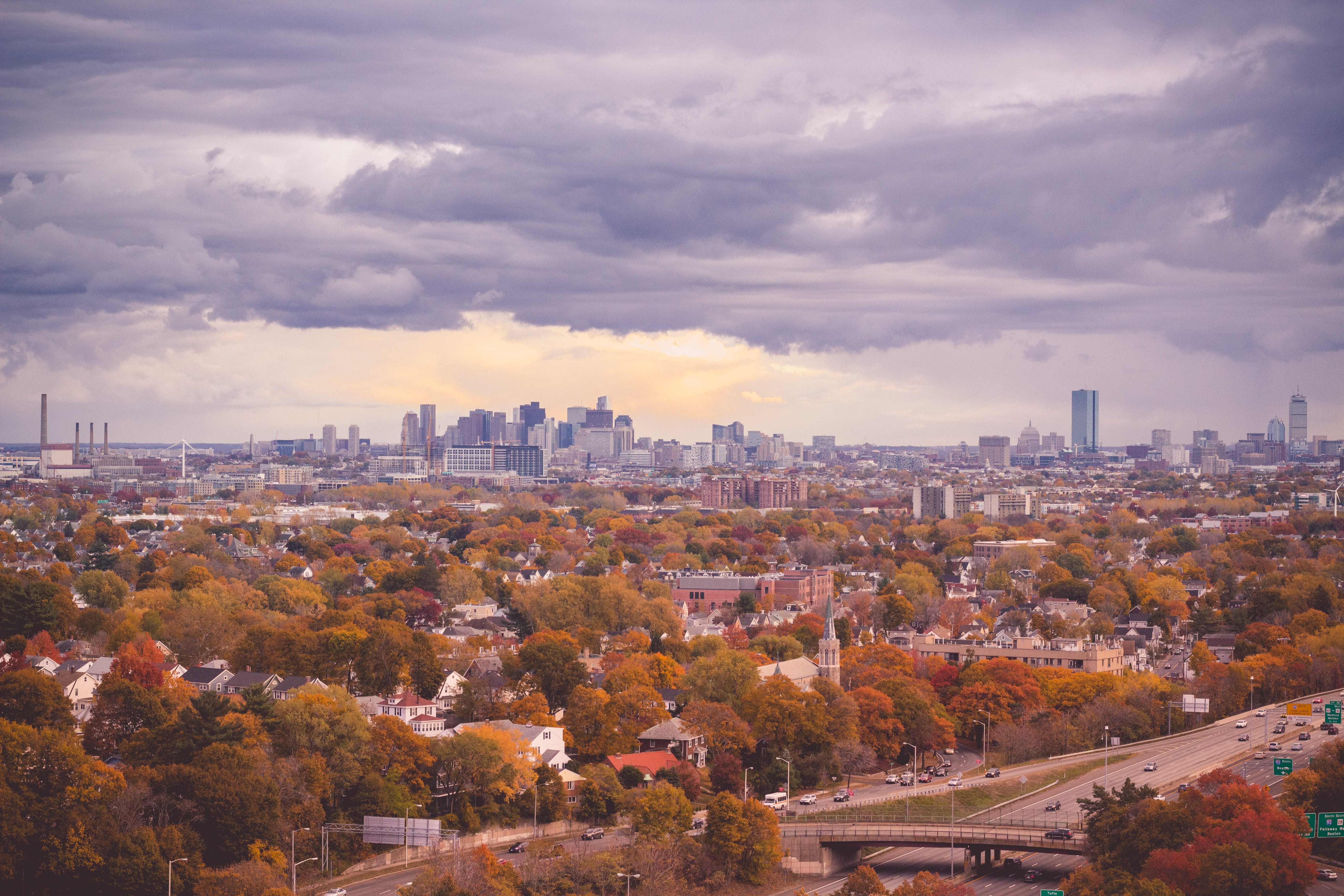 sky, trees, boston skyline, outdoors, foliage, warm, urban, skyline, fells reservation - east border section, malden, landscape, building, boston, day, HD Wallpaper