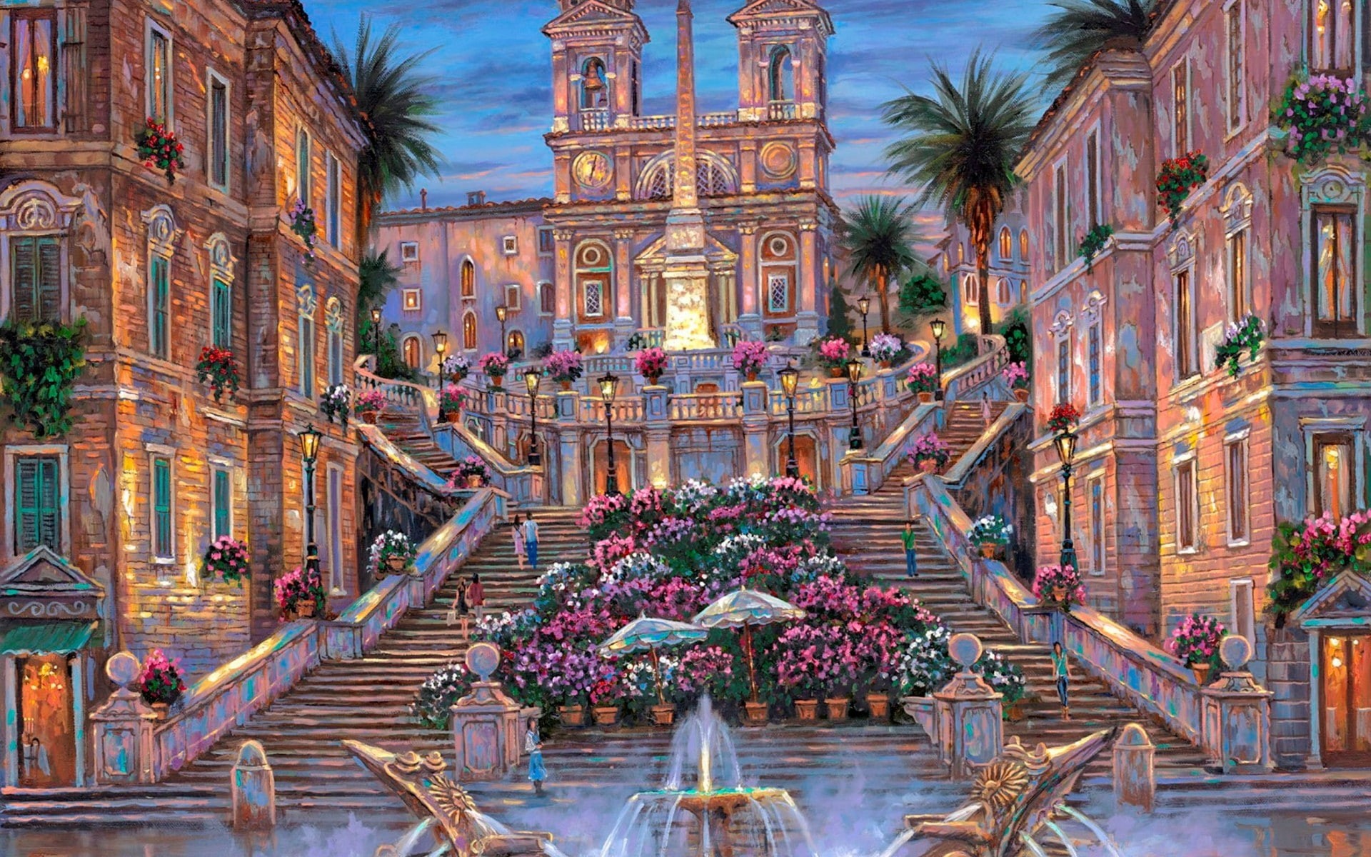 paintings, robert, Fountain, Trees, Steps, Finale, 1080P, buildings, sky, flowers, water, Place, window, artistic, Italy, Cathedral, Rome, Spanish, Statue, HD Wallpaper