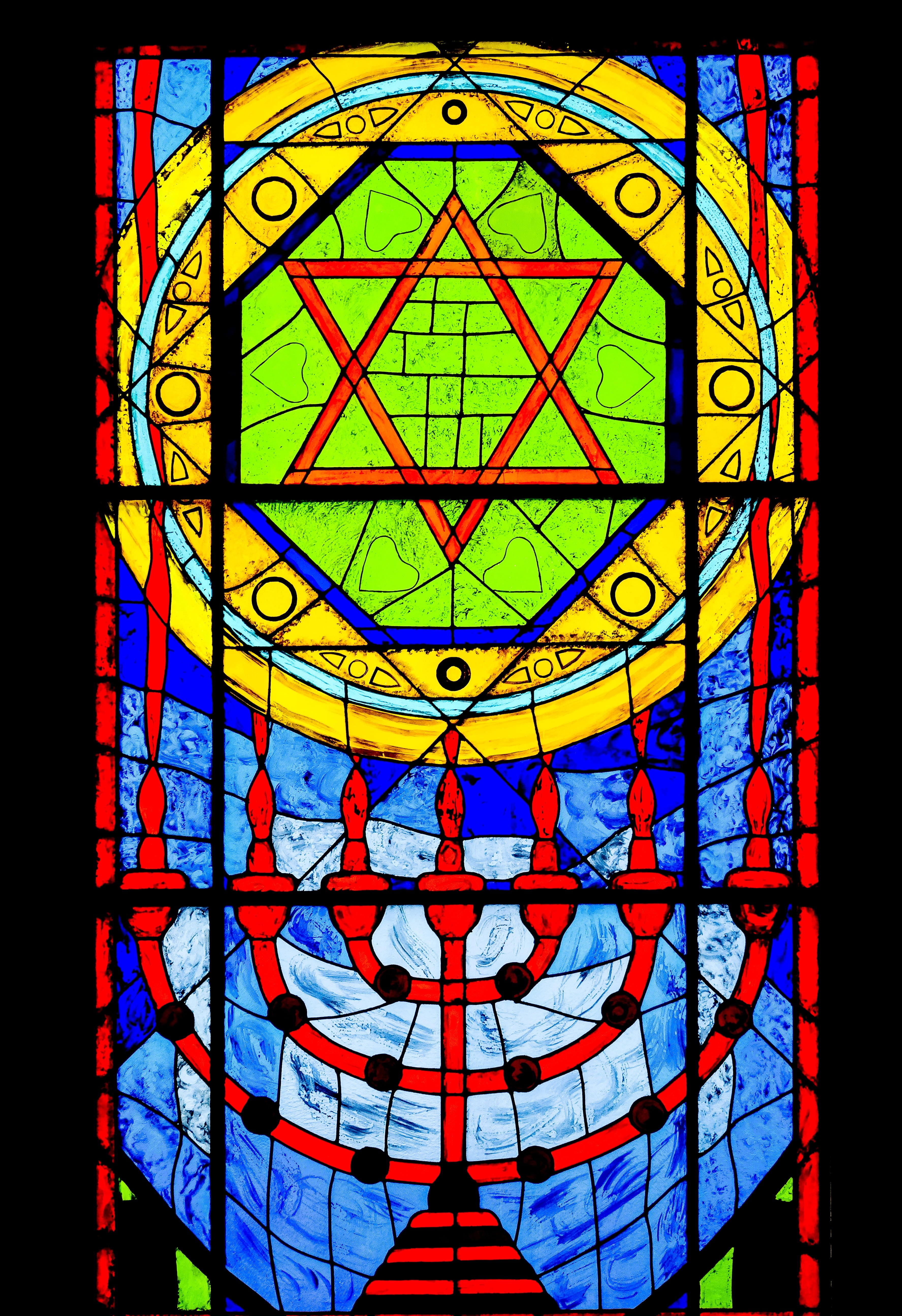 judaism, old window, multi colored, david, glass - material, creativity, religion, candle, ornament, spirituality, ancient art, auto post production filter, Phone HD Wallpaper