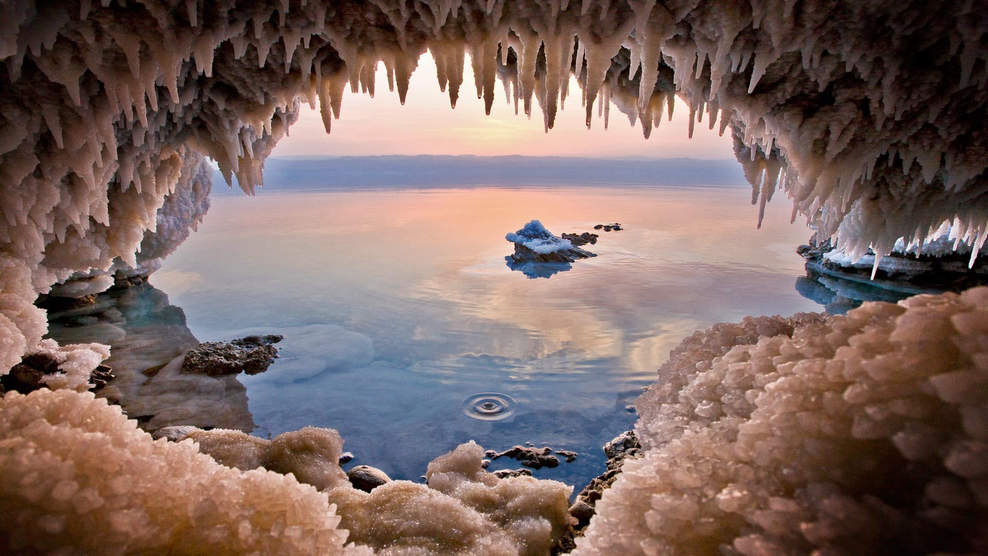 sea, eroded, landscape, cave, non-urban scene, no people, rock - object, Jordan (country), 1080P, geology, sunset, scenics - nature, tranquil scene, Dead Sea, HD Wallpaper