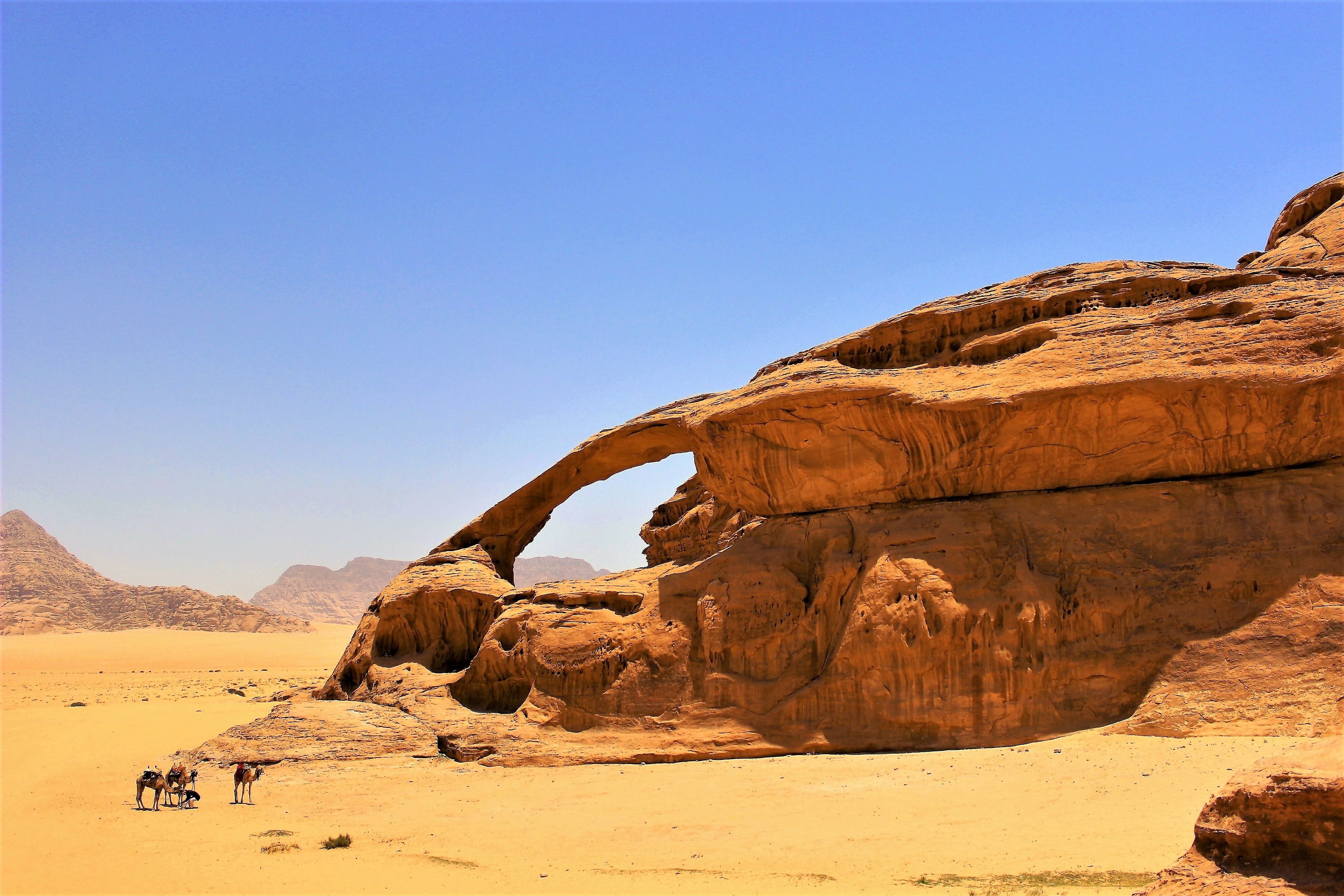 non-urban scene, history, clear sky, eroded, wadirum, arid climate, petra, formation, desert, 2K, tourism, climate, stone, remote, outdoors, solid, rock - object, HD Wallpaper