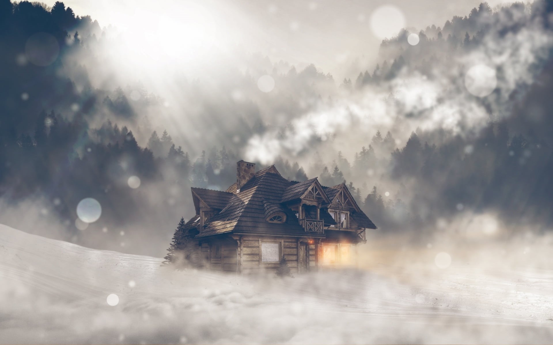 forest, building exterior, extreme weather, sky, landscape, sun rays, architecture, 1080P, lens flare, no people, tree, Photoshop, winter, storey, wood, HD Wallpaper