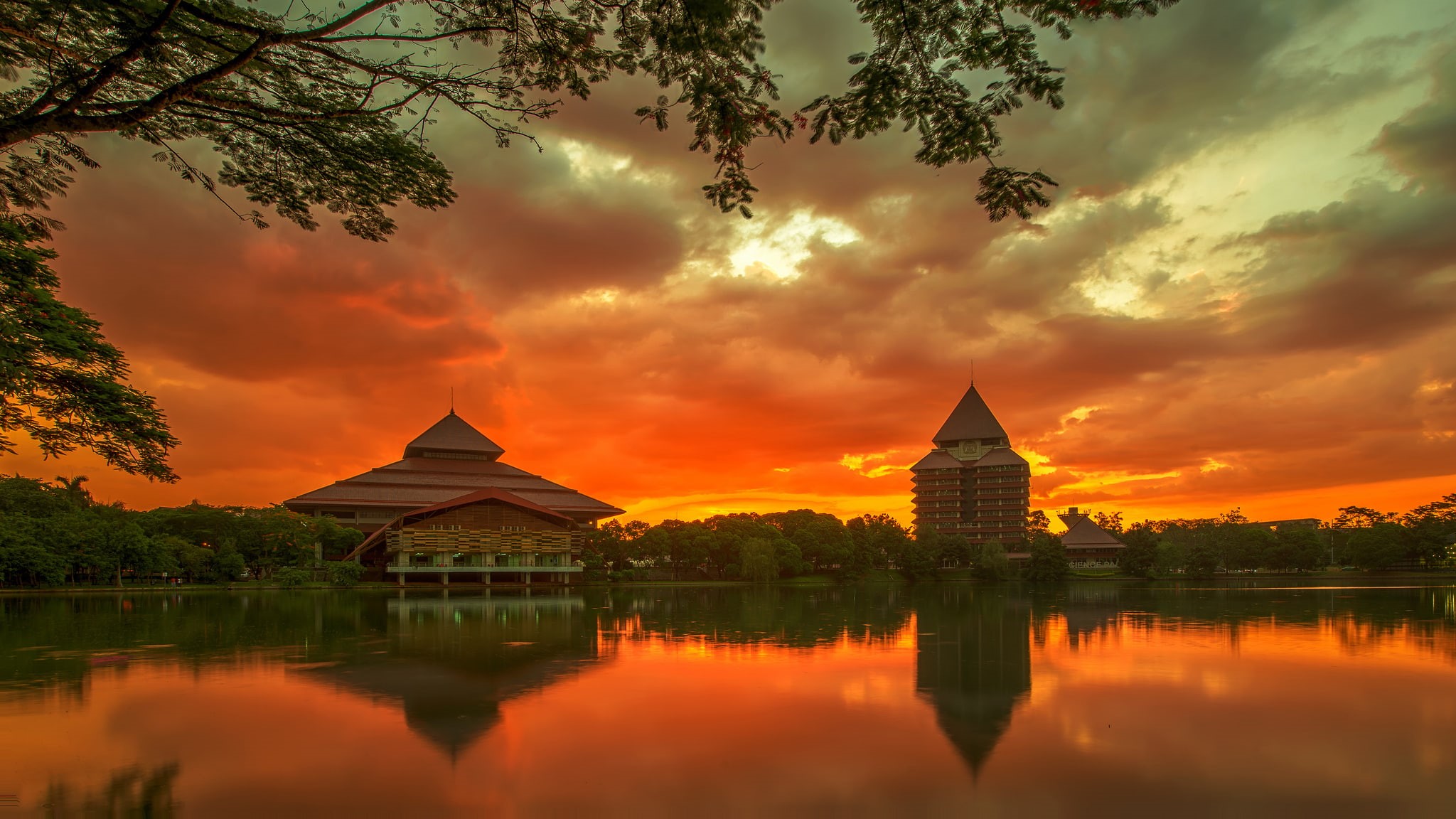 nature, Indonesia, cloud - sky, Java, reflection, water, orange color, built structure, spirituality, tree, beauty in nature, Depok, religion, building exterior, HD Wallpaper
