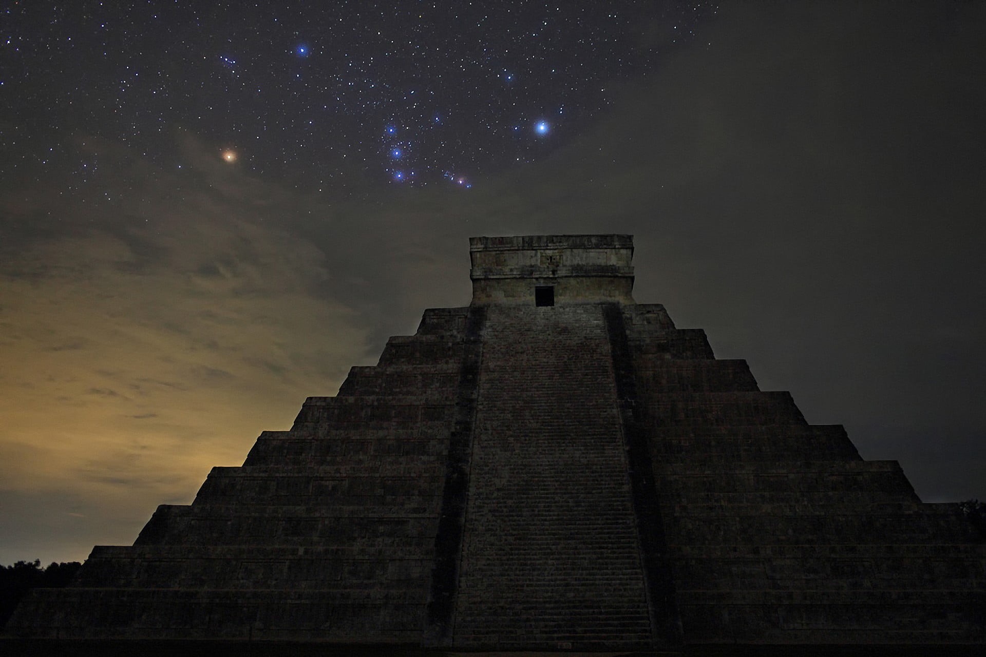ancient civilization, building, pyramid, nature, space, star - space, stars, gray, astronomy, tourism, the past, night, 1080P, no people, architecture, HD Wallpaper