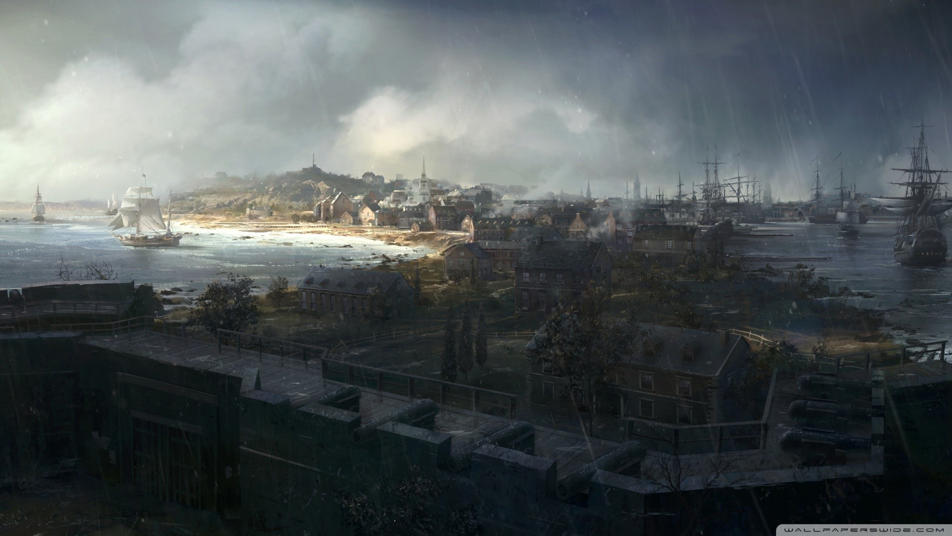 fort, industry, sky, outdoors, pollution, sailing ship, nature, day, no people, built structure, 1080P, city, smoke - physical structure, building, water, HD Wallpaper