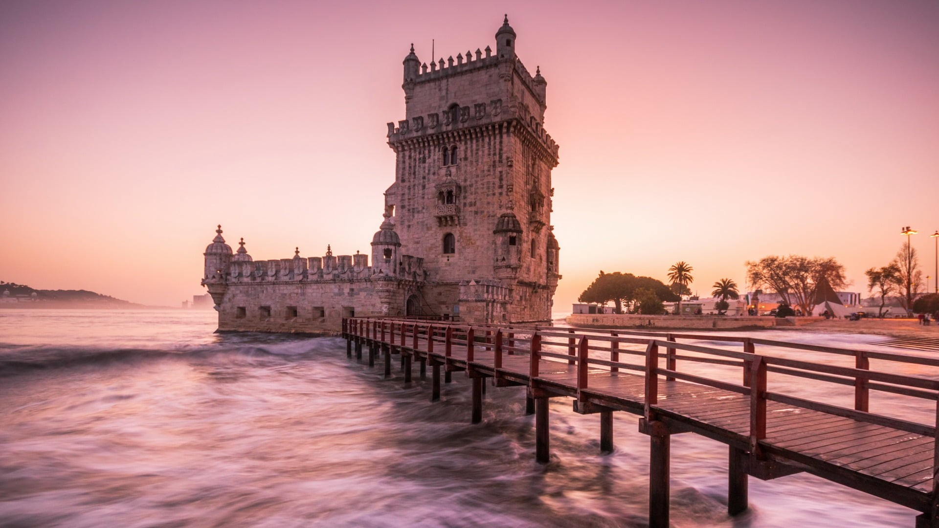 1080P, waves, river, Torre de Belém, architecture, castle, clear sky, Portugal, bridge, Lisbon, tower, palm trees, HD Wallpaper