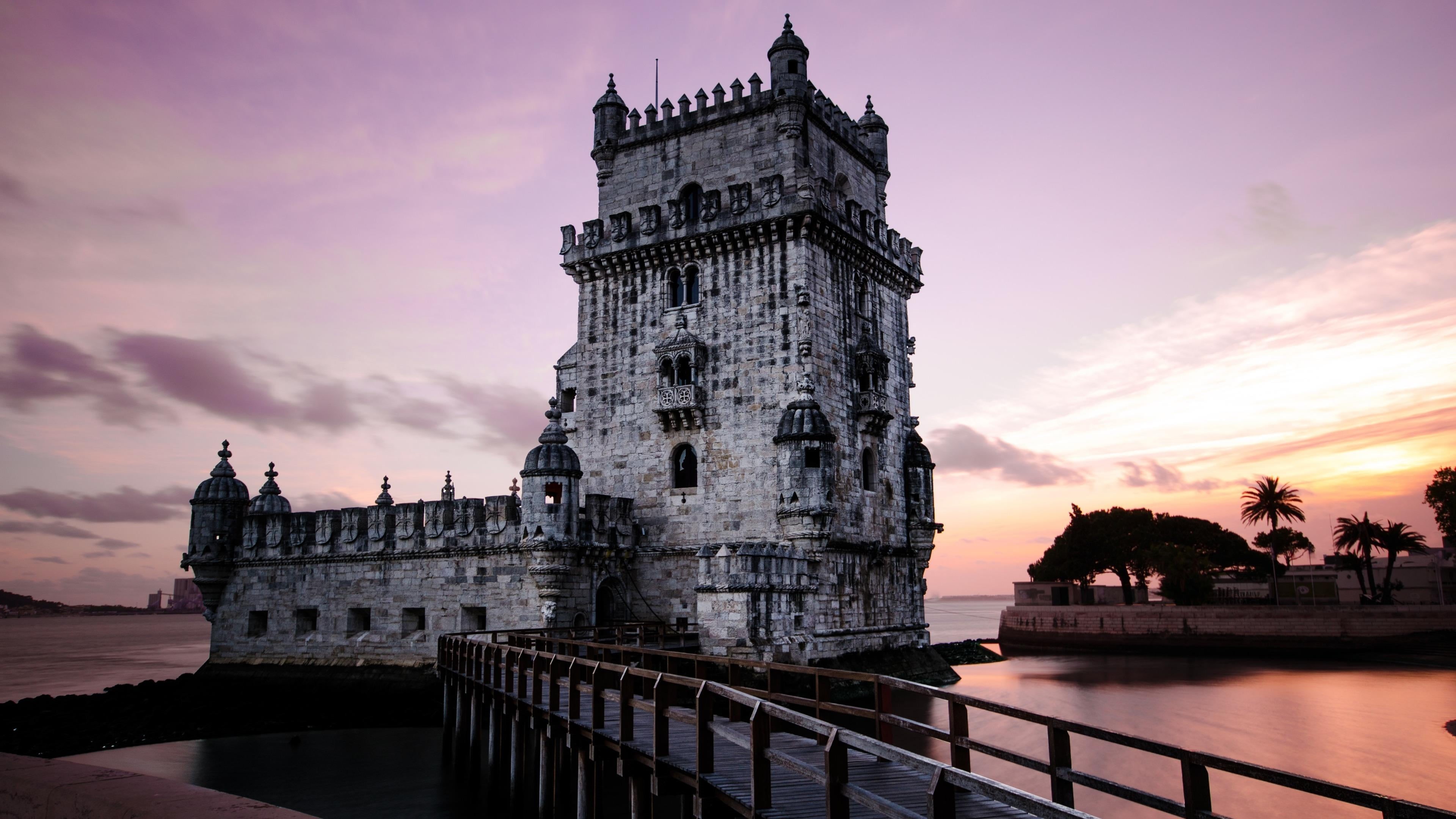 water, belem tower, cloud, tourist attraction, architecture, dusk, building exterior, 4K, tower, nature, morning, building, city, outdoors, travel destinations, HD Wallpaper