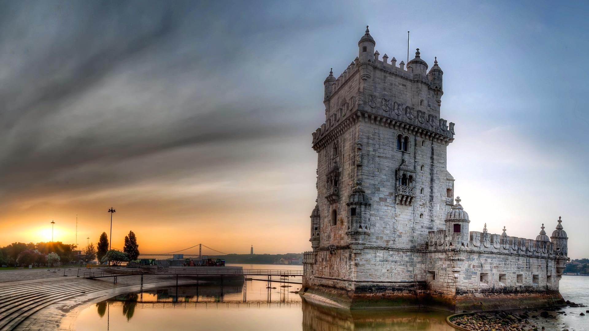 1080P, bridge - man made structure, sunset, tourist attraction, sky, building, landmark, built structure, monument, bridge, tourism, castle, reflection, HD Wallpaper