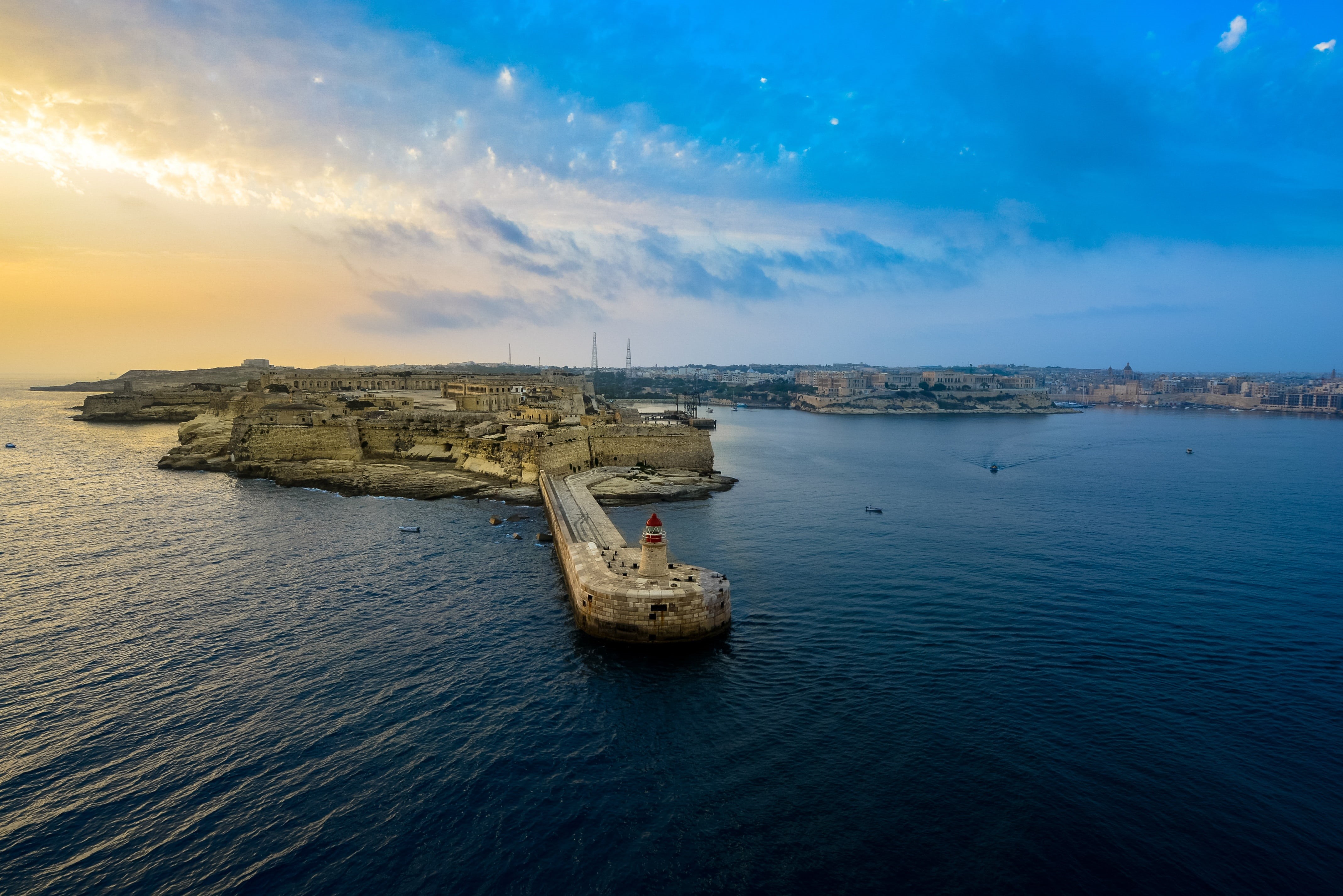 lighthouse, photography, architecture, sunset, guidance, beauty in nature, maltese, vacation, shore, outdoors, aerial, dock, harbor, 4K, scenics, land, HD Wallpaper