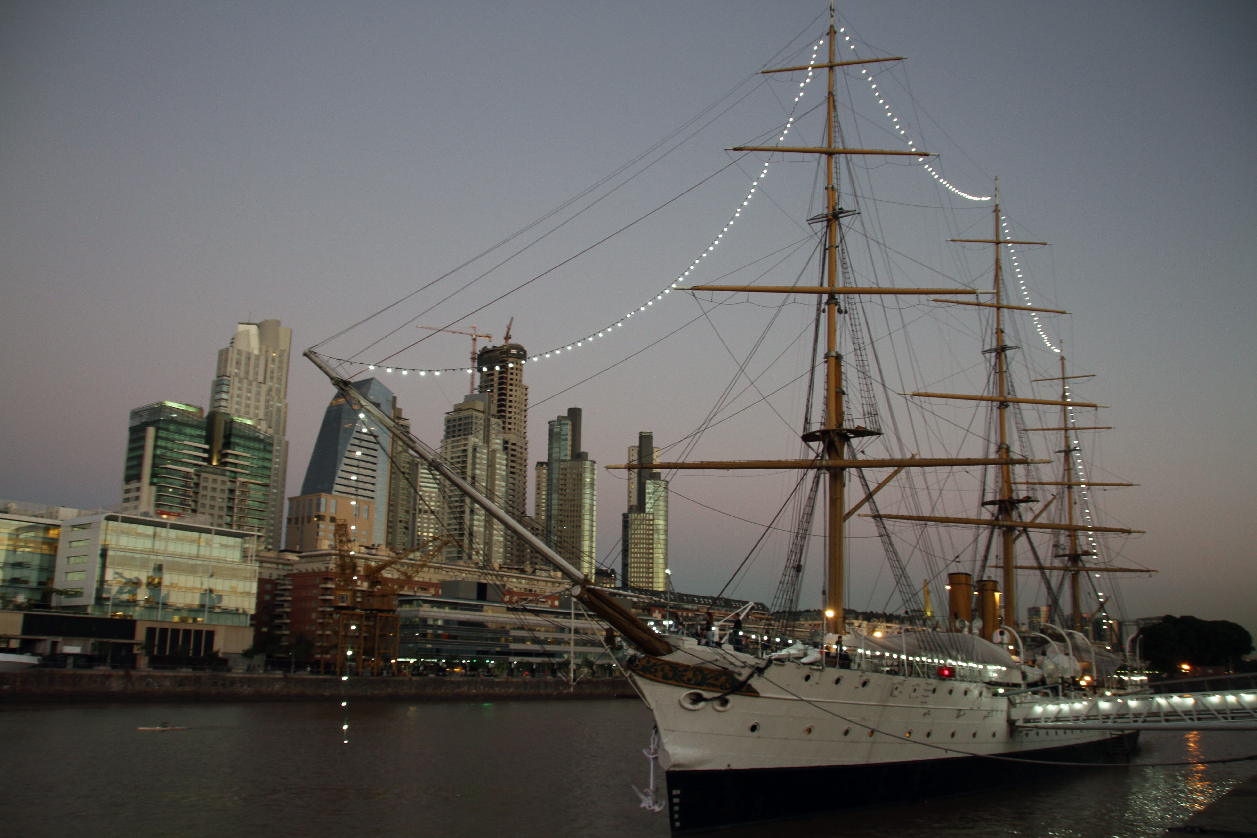 office, tall ship, sailing ship, water, no people, transportation, pole, nautical vessel, urban, outdoors, white, Buenos Aires, night, built structure, HD Wallpaper