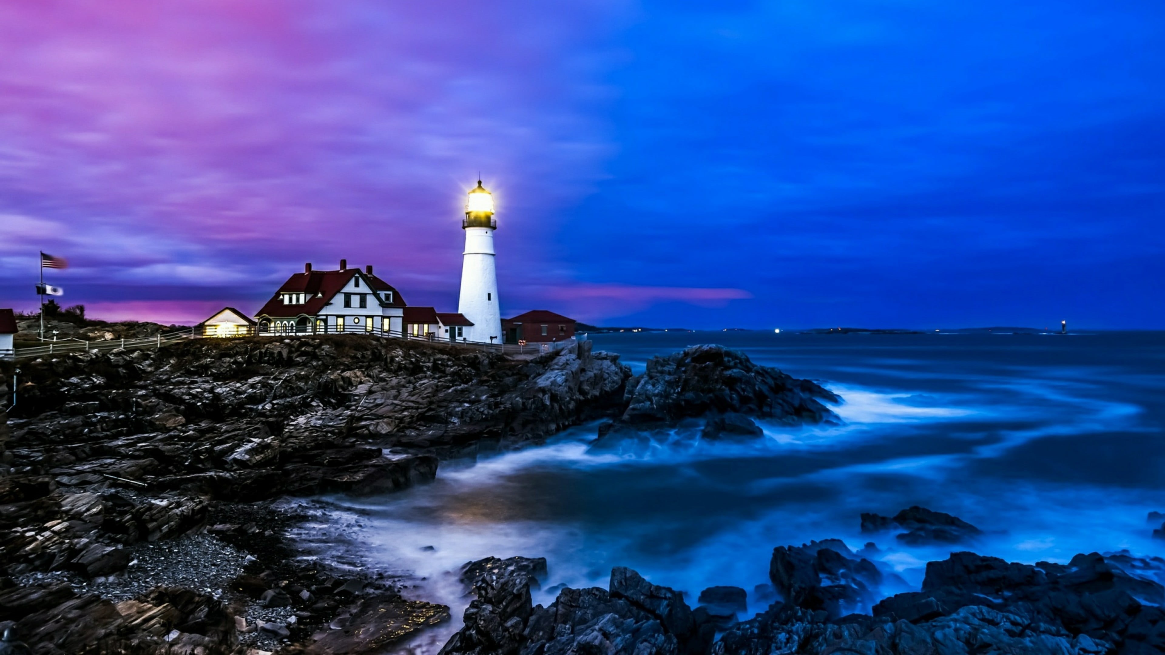 ocean, 4K, usa, dusk, architecture, no people, shore, maine, illuminated, united states, guidance, built structure, building exterior, coast, scenics - nature, HD Wallpaper