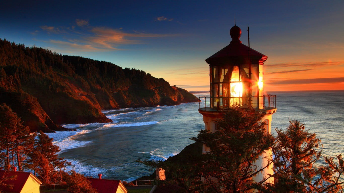 tranquil scene, lighthouse, Heceta Head Light, hour, building exterior, 720P, travel destinations, rock, beach, sea, sunset, built structure, landscape, HD Wallpaper