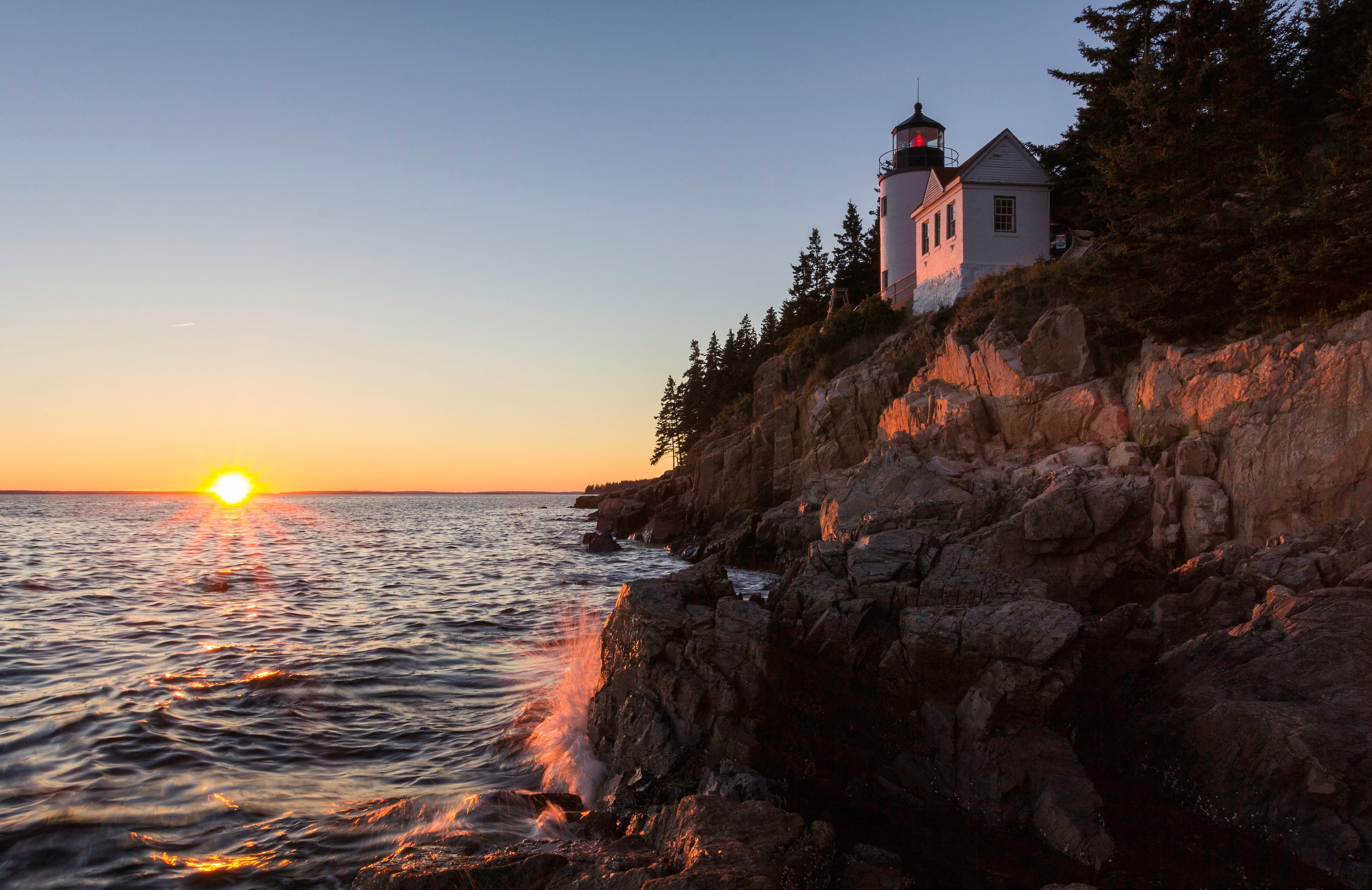 horizon, lighthouse, concrete, Bass Harbor Head Light, Maine, beauty in nature, land, clear sky, rocks, scenics - nature, USA, rock - object, sky, building exterior, HD Wallpaper