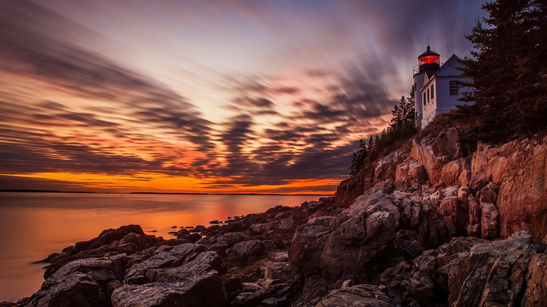 nature, cliff, cloud, scenics - nature, coast, evening, shore, land, lighthouse, 1080P, rock - object, horizon, reflection, tower, sunset, beach, sea, HD Wallpaper