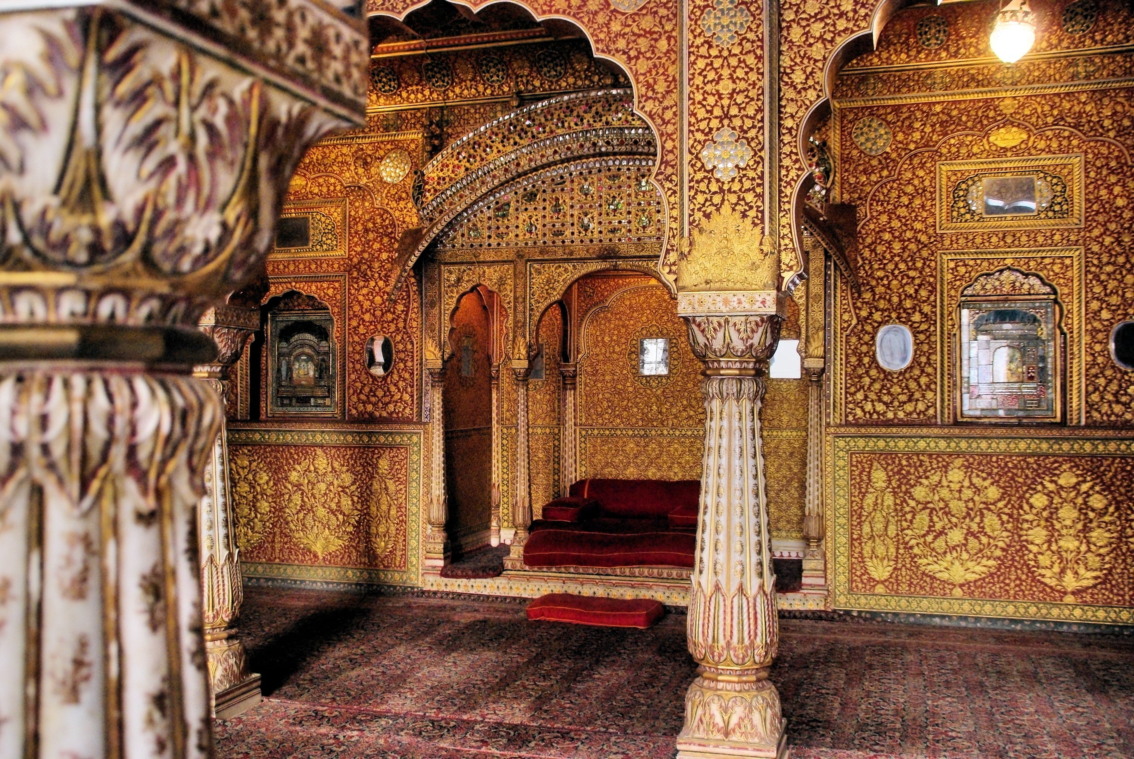 no people, pattern, ceiling, arch, day, indoors, india, creativity, jaisalmer, interior, belief, ornate, mosque, 4K, palace, spirituality, the past, built structure, HD Wallpaper