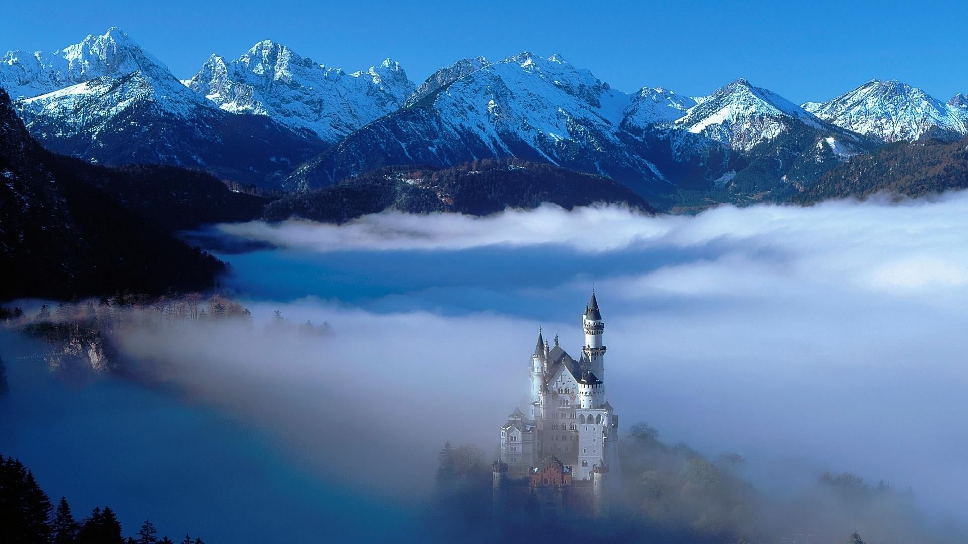 snow, nature, Neuschwanstien, clouds, outdoors, scenics - nature, snowcapped mountain, tranquil scene, white, travel destinations, Schloss Neuschwanstein, HD Wallpaper