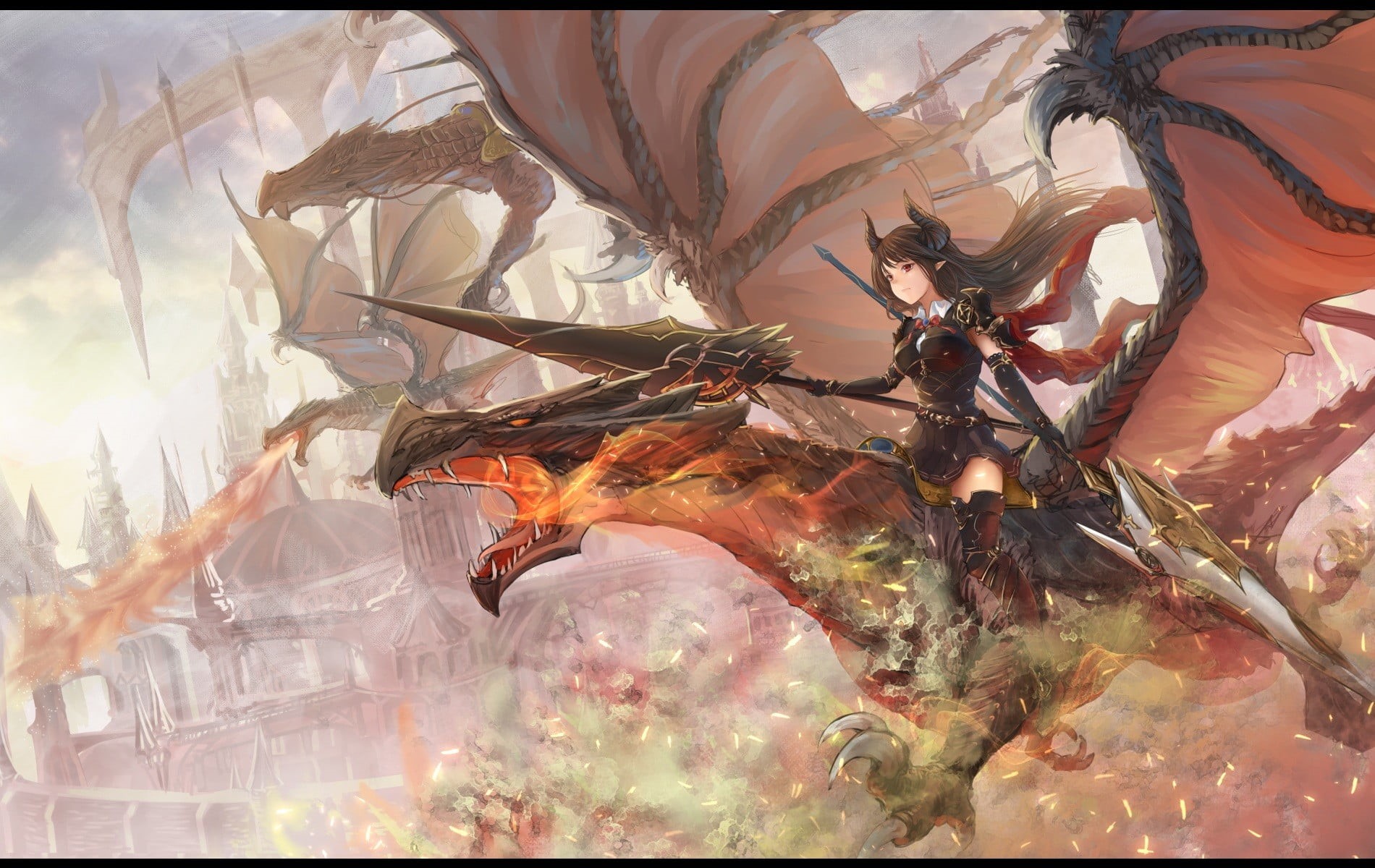 digital composite, dragon, anime girls, red eyes, plastic, weapon, group of animals, insect, horns, animals in the wild, close-up, animal, anime, invertebrate, HD Wallpaper