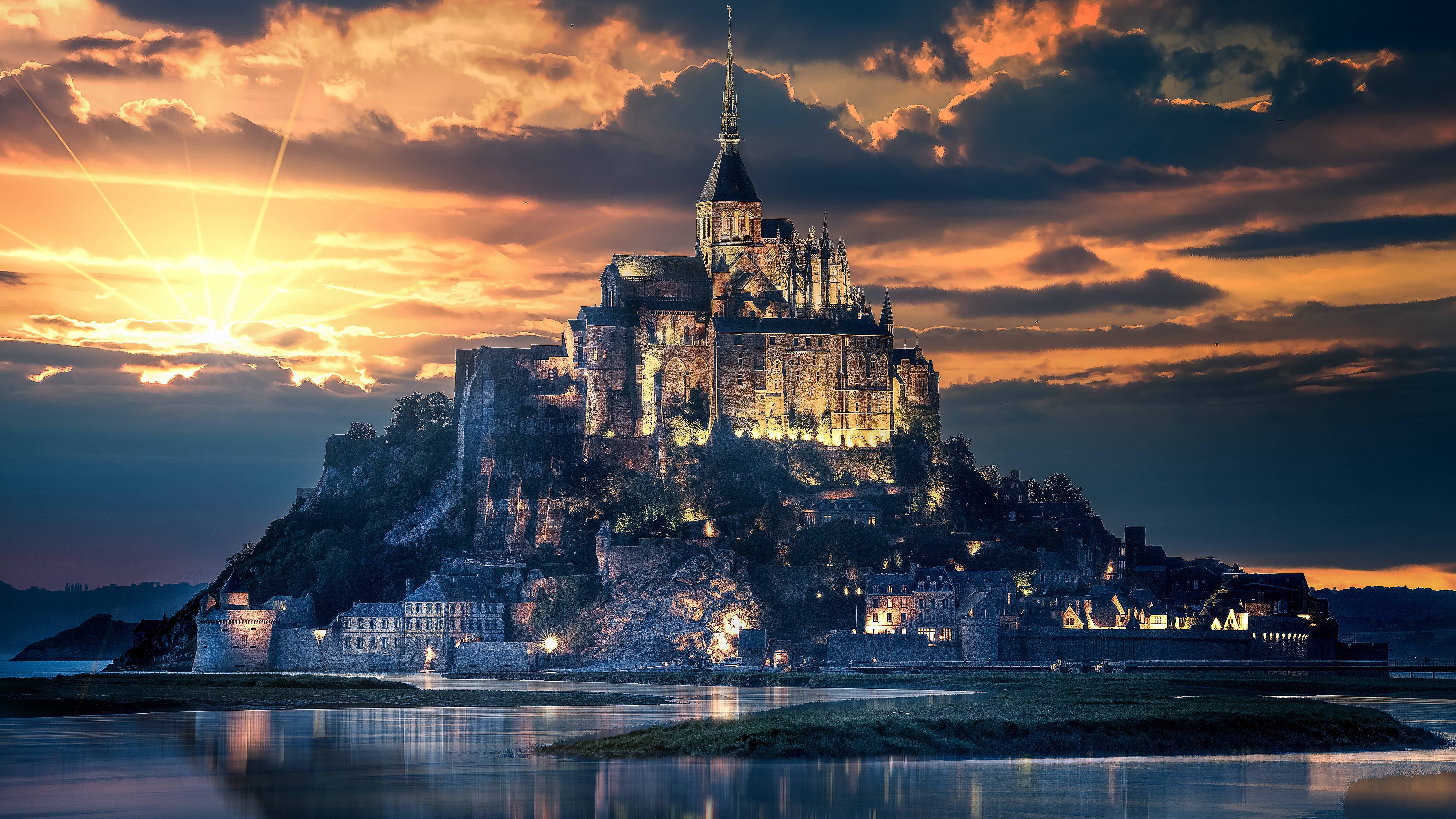 Island, saint, place of worship, religion, reflection, tower, architecture, Mont-Saint-Michel, built structure, 5K, travel destinations, cloud - sky, waterfront, HD Wallpaper
