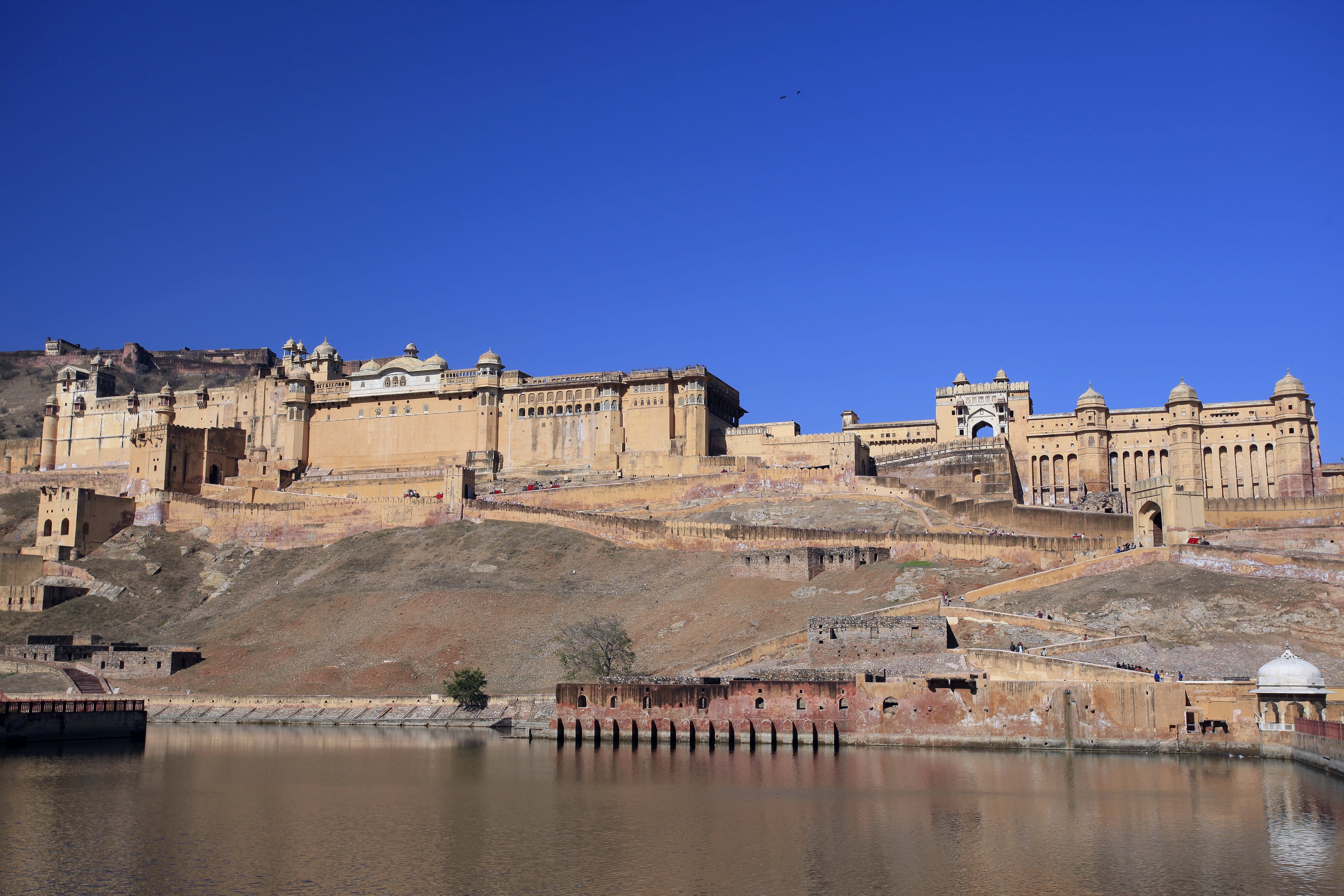 copy space, day, tourism, water, the past, fort, clear sky, travel, built structure, travel destinations, 4K, sky, Jaipur, nature, reflection, blue, ancient, HD Wallpaper