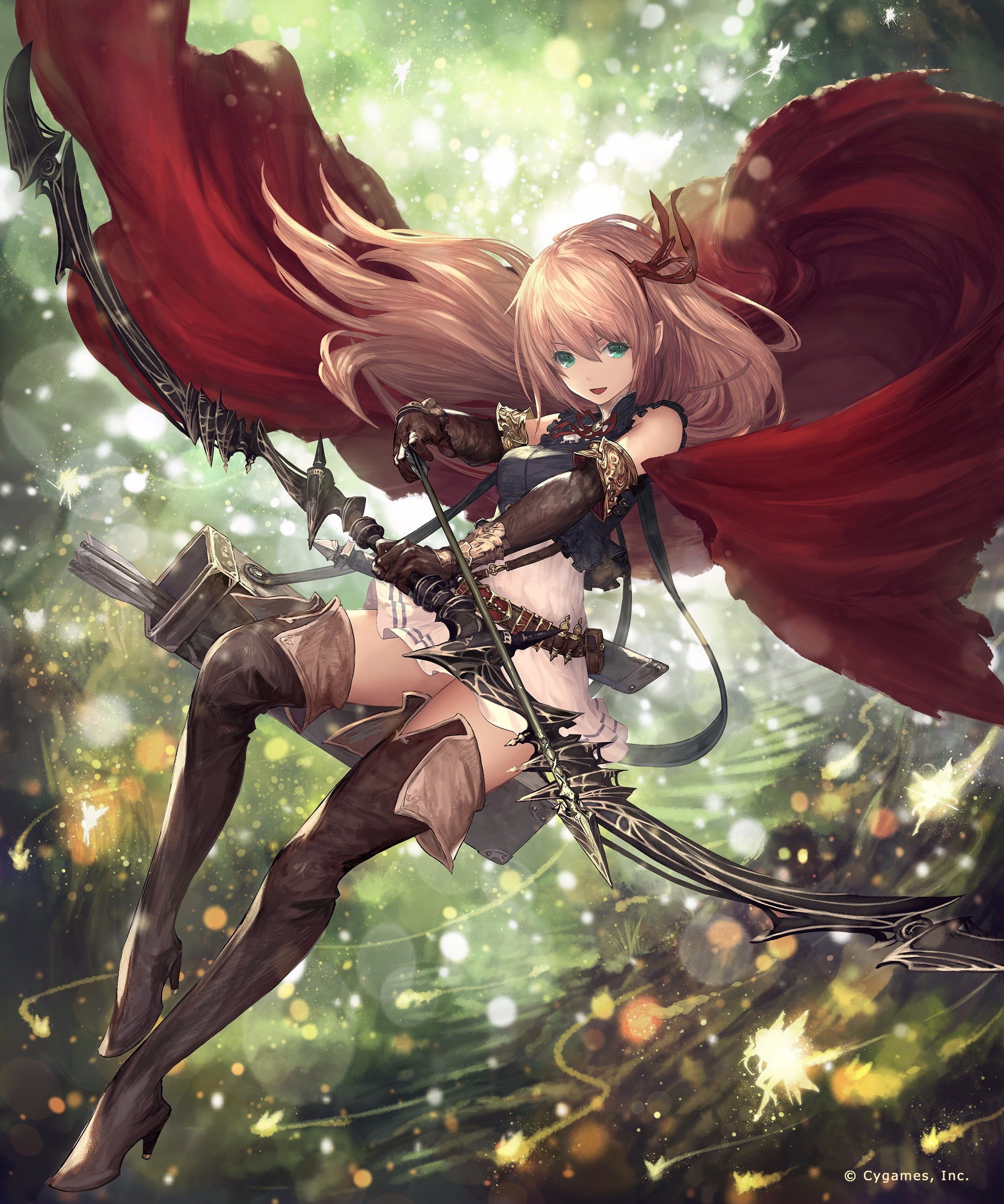 elves, 1080P, green eyes, bow, Arisa (Shadowverse), weapon, Shadowverse, anime, long hair, blonde, dress, anime girls, armor, Phone HD Wallpaper