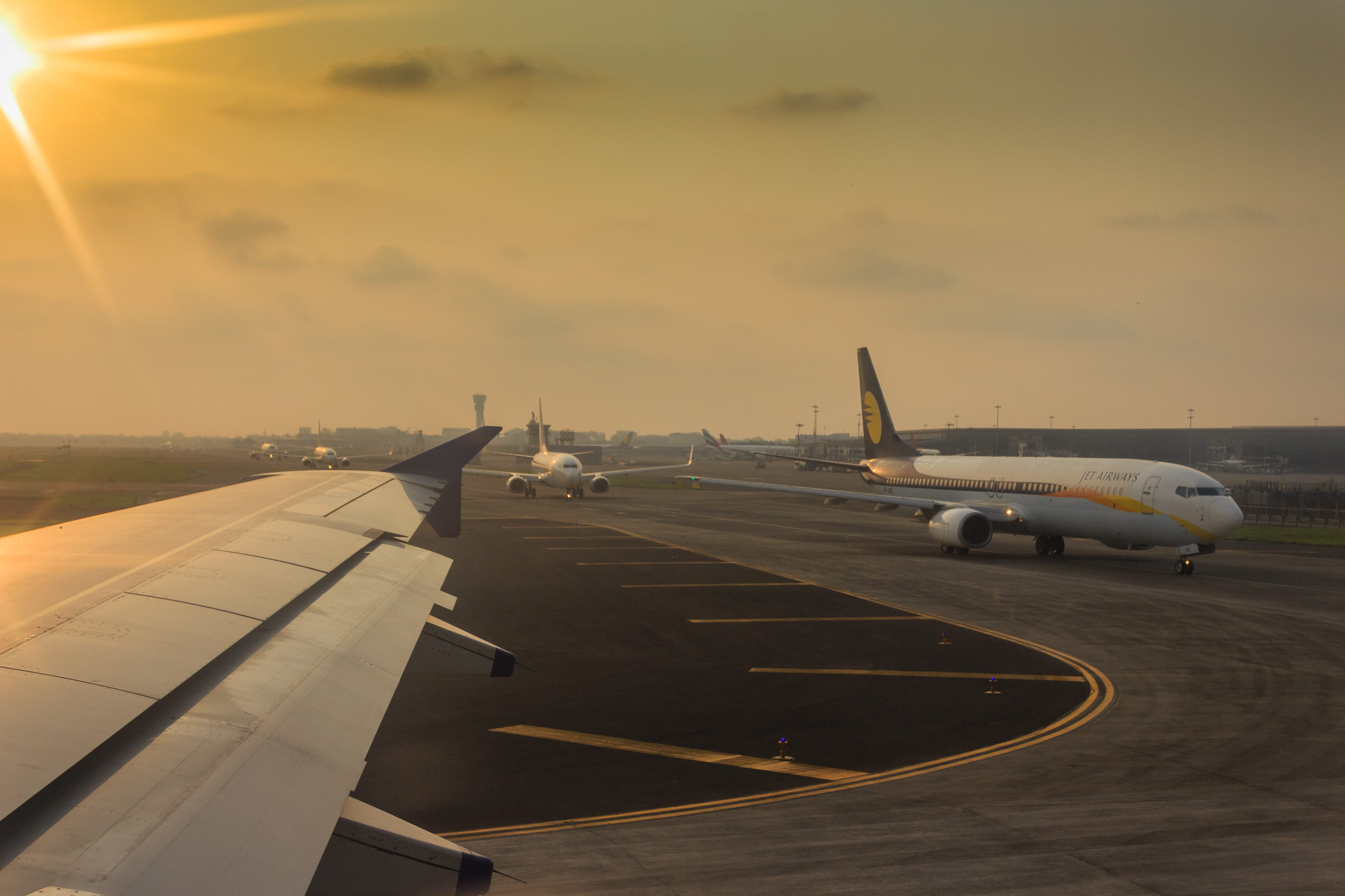 chhatrapati shivaji international airport, outdoors, Boeing, aircraft wing, nature, taxing, sun, 5K, public transportation, airport runway, commercial airplane, HD Wallpaper