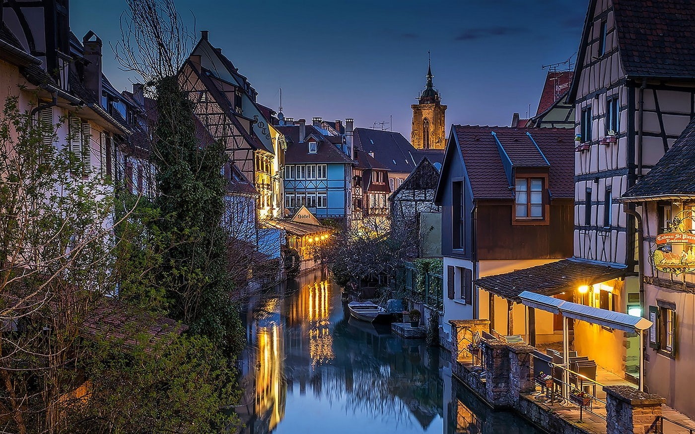 city, river, buildings, nature, house, illustration, sunset, landscape, architecture, lights, france, boat, canal, 720P, HD Wallpaper