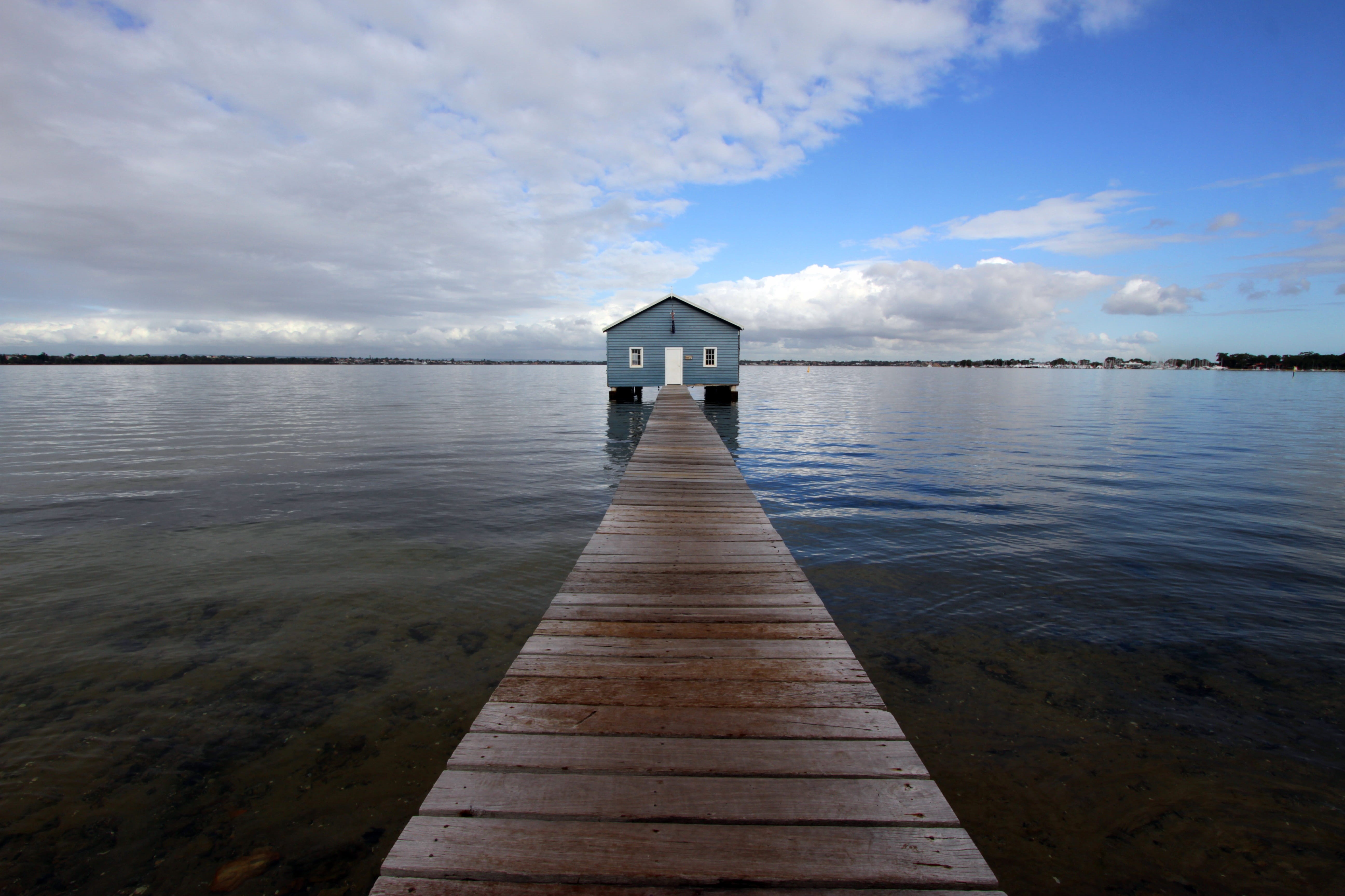 blue, shed, scenics, the way forward, landscape, tranquility, australia, gangway, jetty, 5K, mounts bay road, nature, beauty in nature, wood - Material, HD Wallpaper
