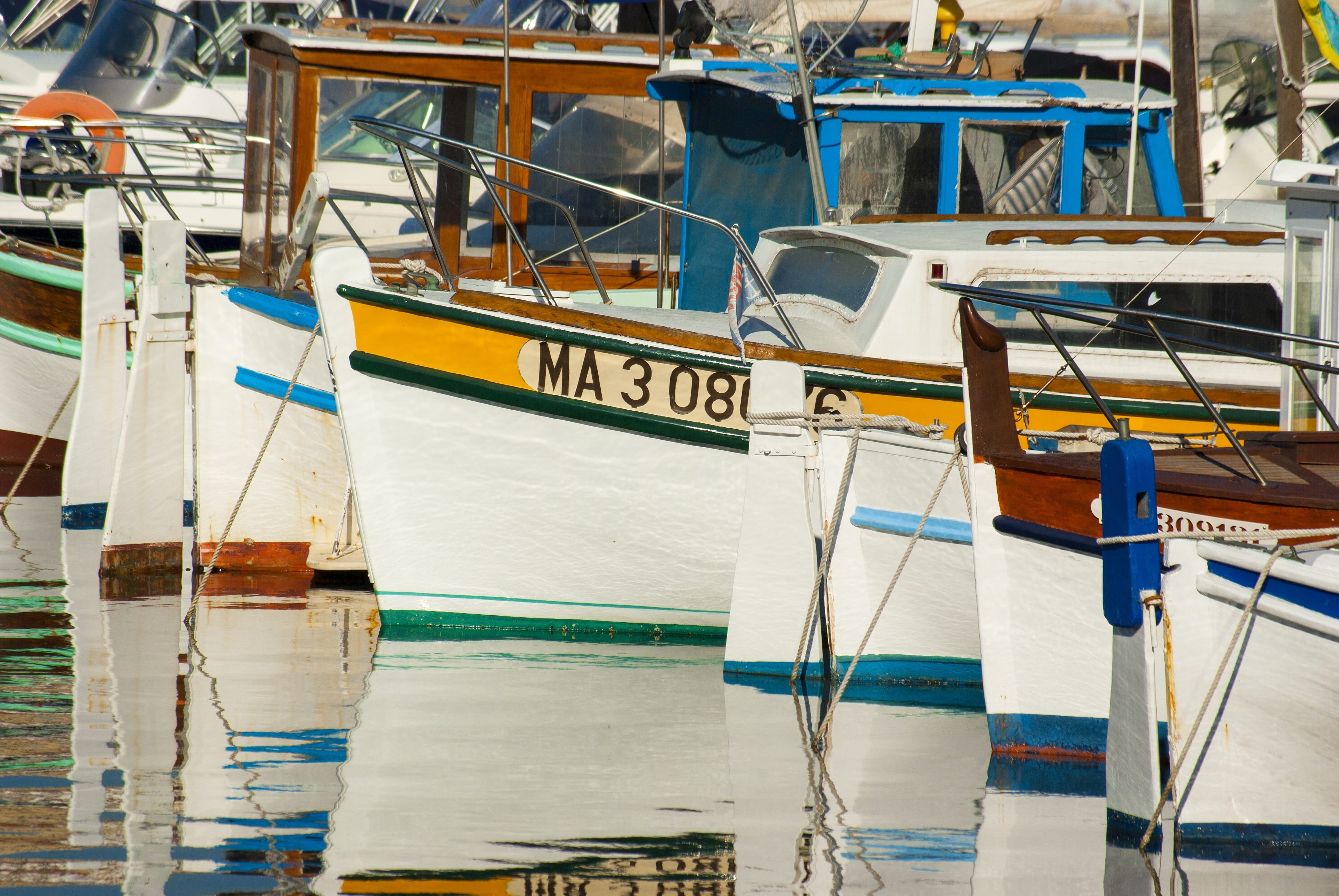 no people, fishing, wood - material, waterfront, rope, pier, harbor, boats, transportation, moored, 4K, color, port, water, text, outdoors, sailboat, boat, HD Wallpaper