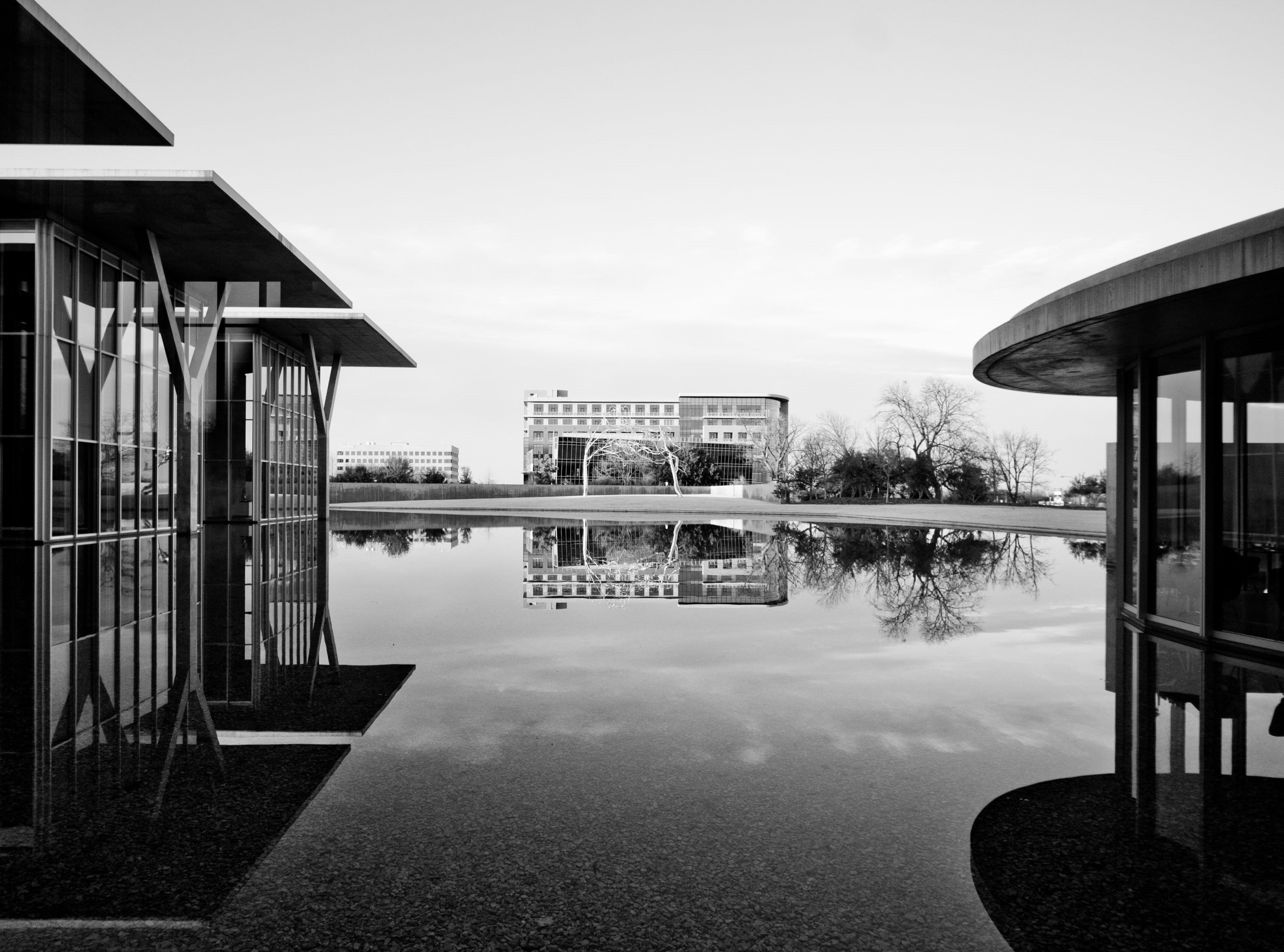 nature, art, Museum, Fort Worth, lake, day, photo, Black and White, water, grayscale, residential district, no people, Roxy Paine, dmu dallas, United States of America, HD Wallpaper