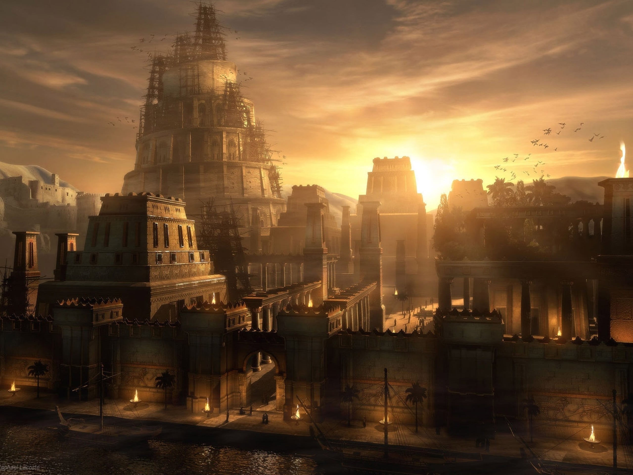place of worship, sunset, brown, outdoors, nature, sky, babylone, rise, high, cityscape, building exterior, history, 2K, concrete, the past, building, HD Wallpaper
