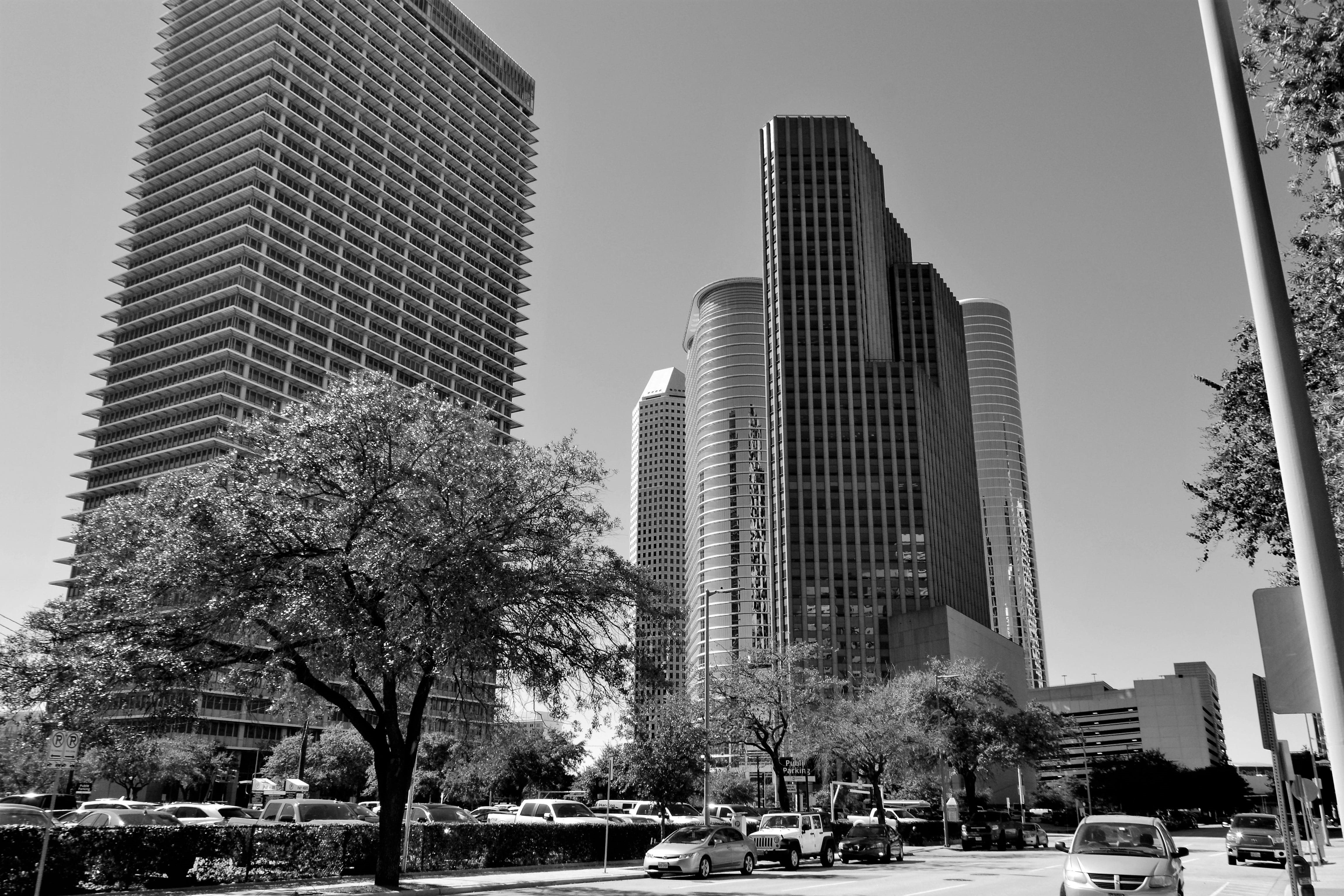 scene, tall, sky, black and white, downtown houston, sightseeing, corporate, place, land vehicle, landmark, plant, parked cars, transportation, houston, HD Wallpaper